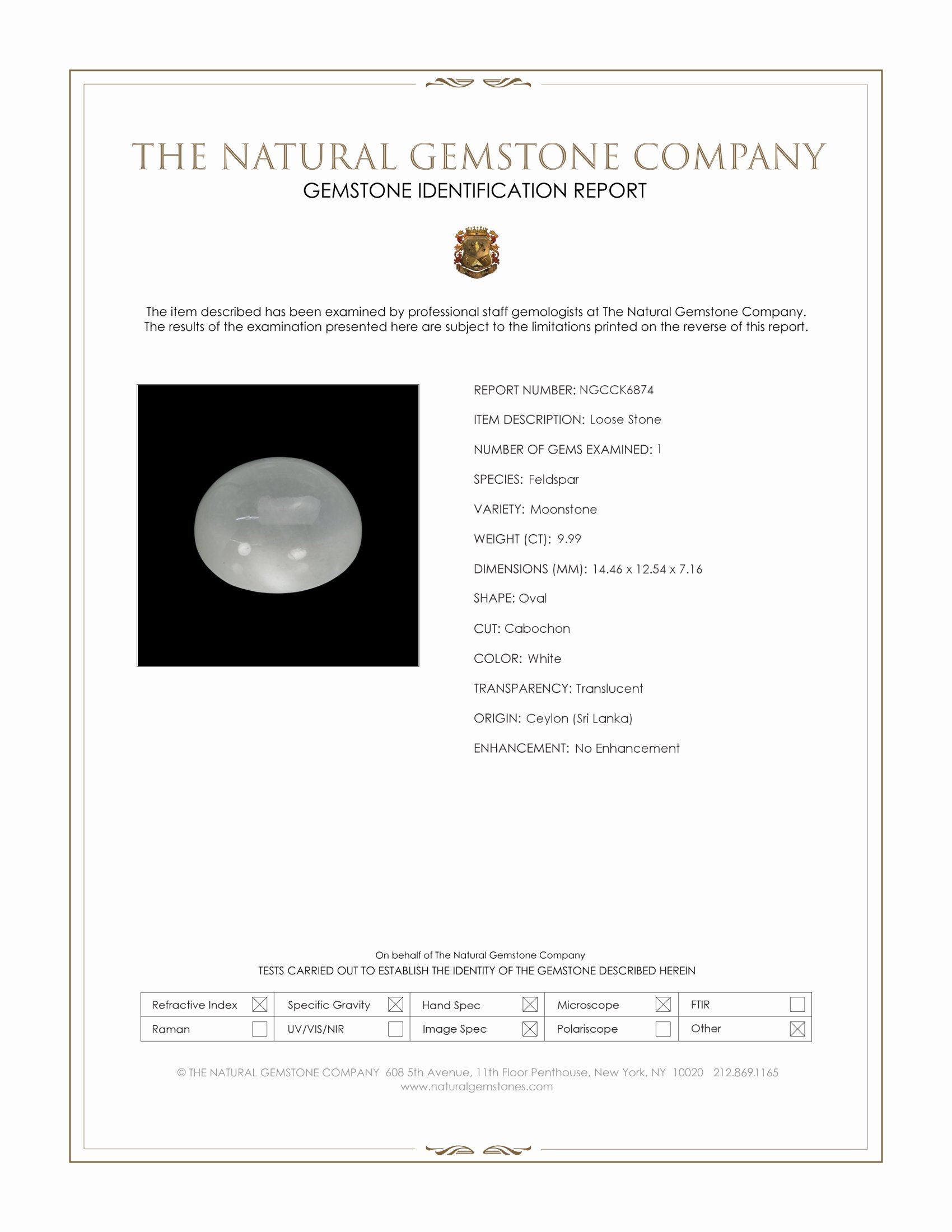 9.99 Ct. White Cabochon Moonstone from Ceylon (Sri Lanka)