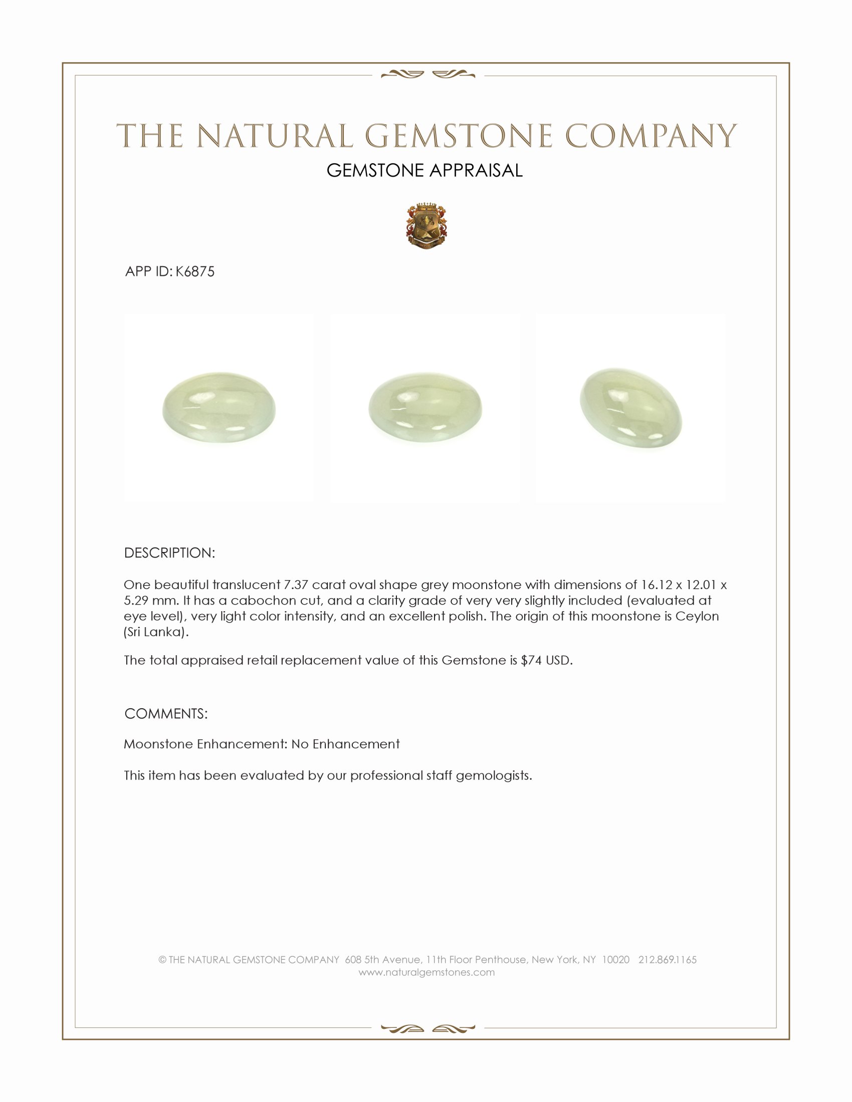 7.37 Ct. Cabochon Moonstone from Ceylon (Sri Lanka)