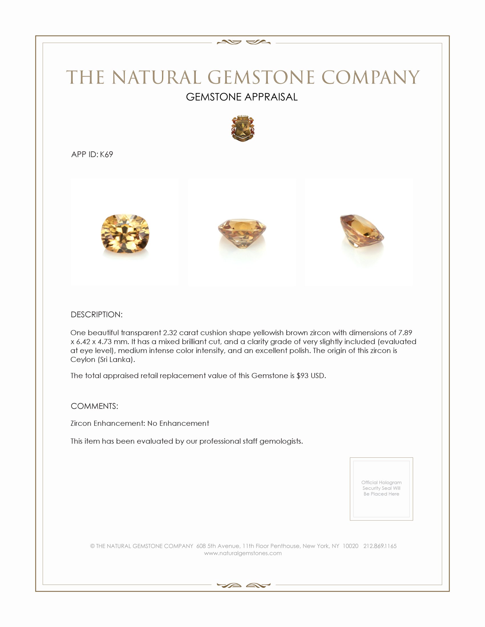 2.32 Ct. Yellowish Brown Zircon from Ceylon (Sri Lanka)