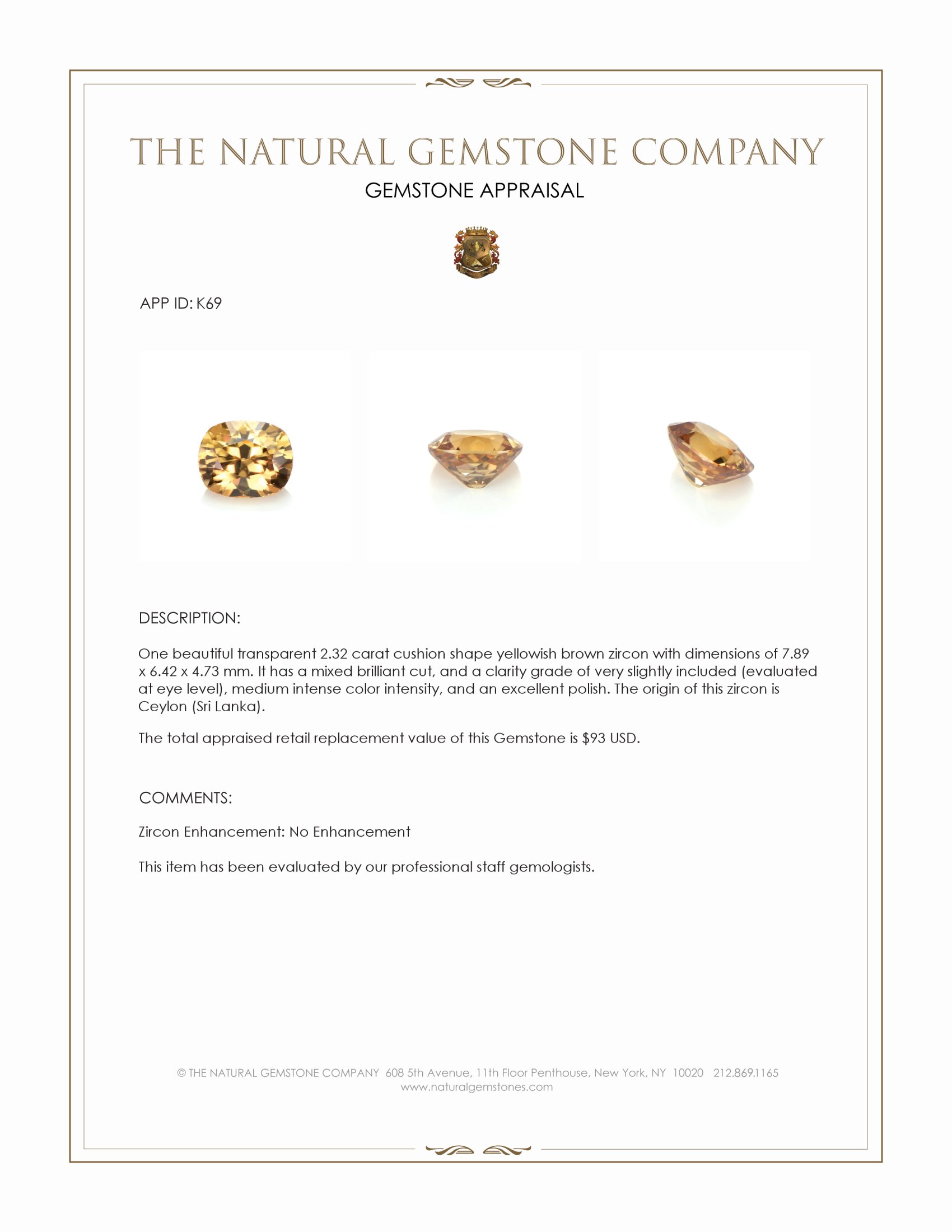 2.32 Ct. Zircon from Ceylon (Sri Lanka)