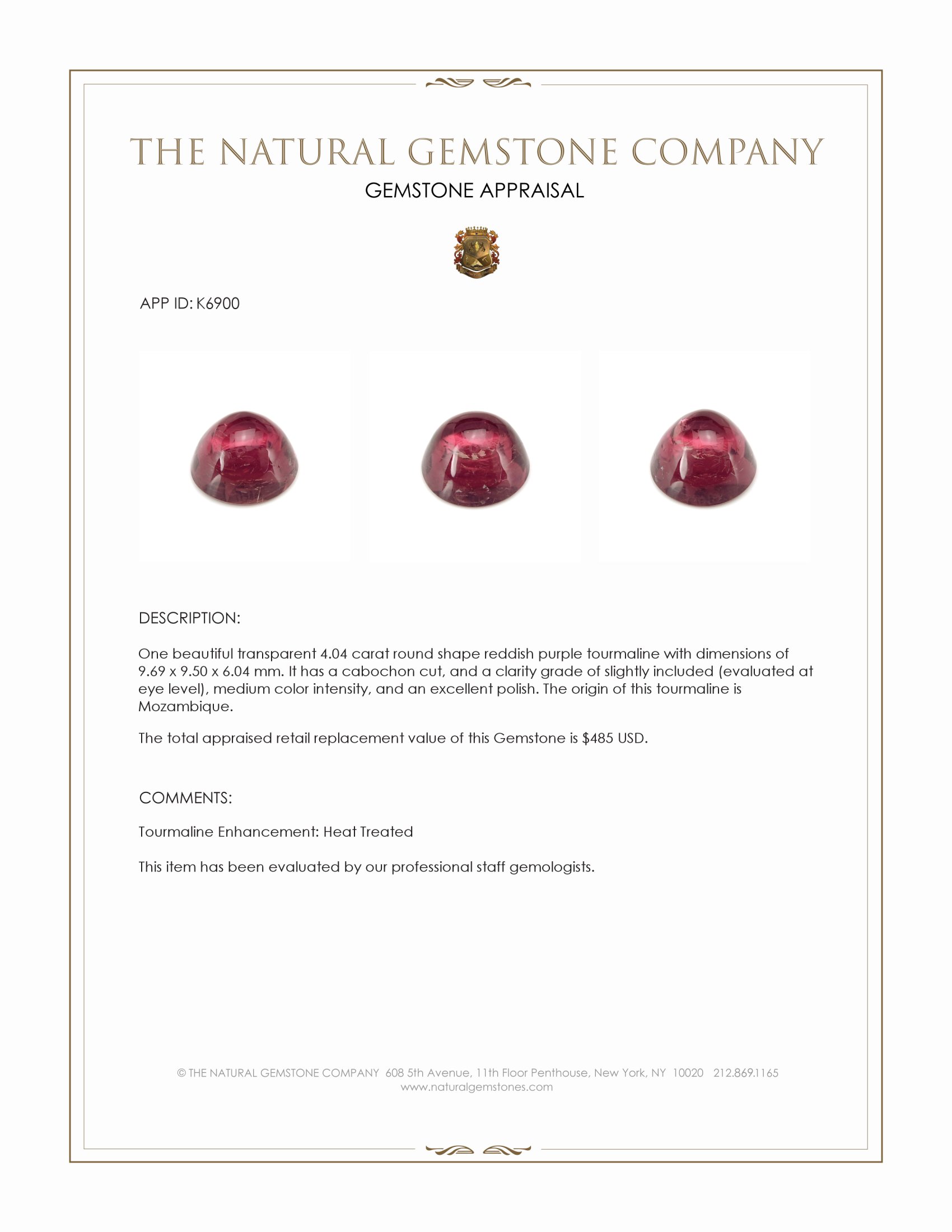 4.04 Ct. Reddish Purple Cabochon Tourmaline from Mozambique