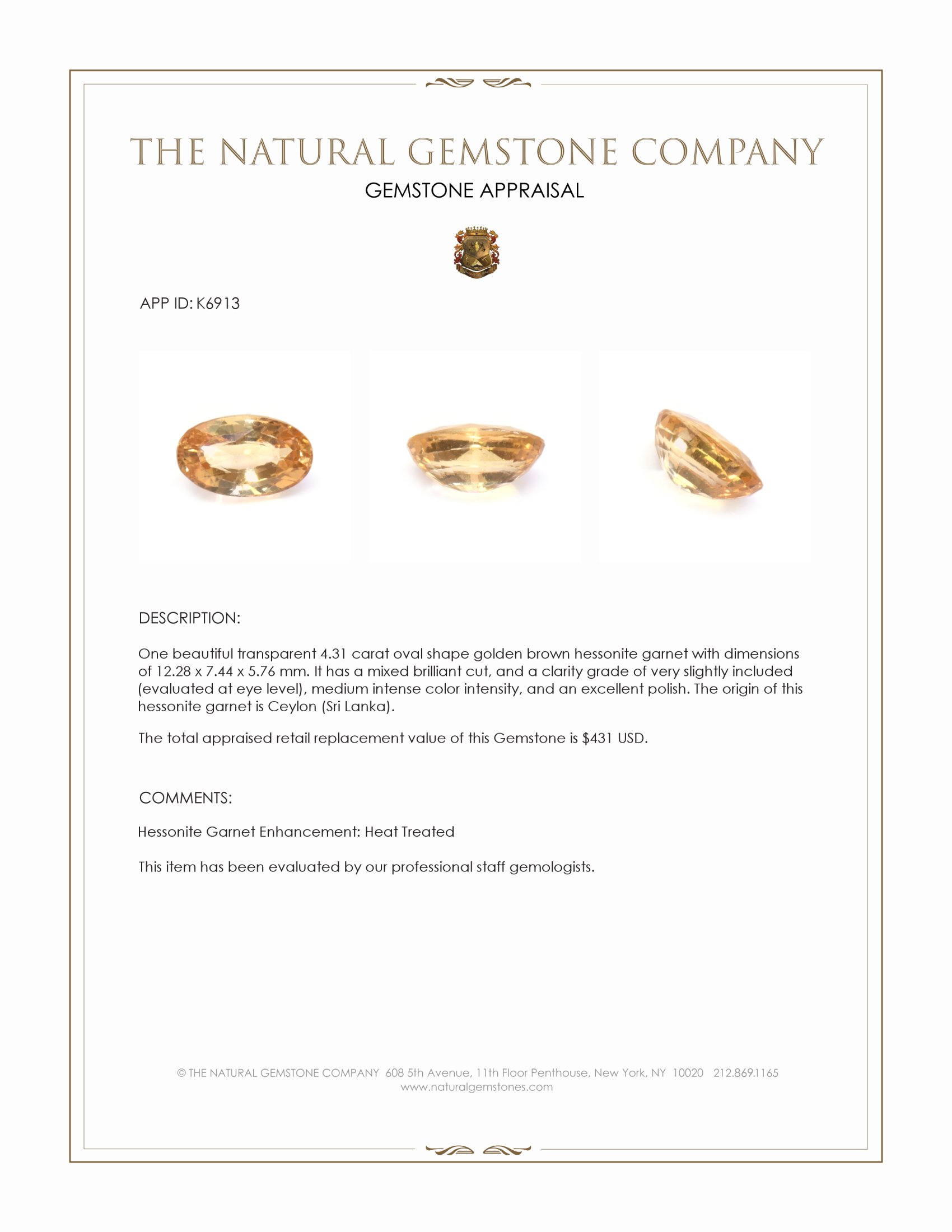 4.31 Ct. Hessonite Garnet from Ceylon (Sri Lanka)