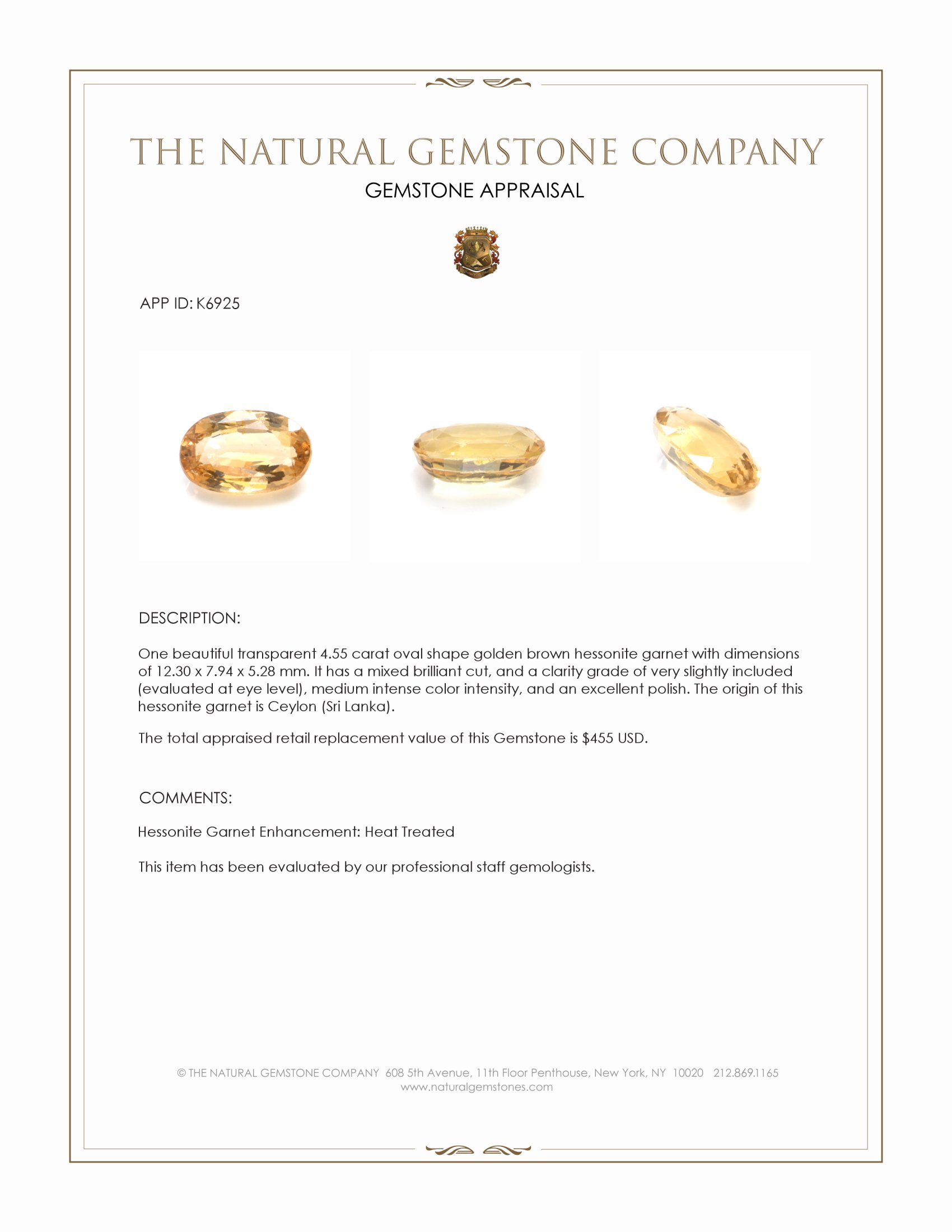 4.55 Ct. Hessonite Garnet from Ceylon (Sri Lanka)