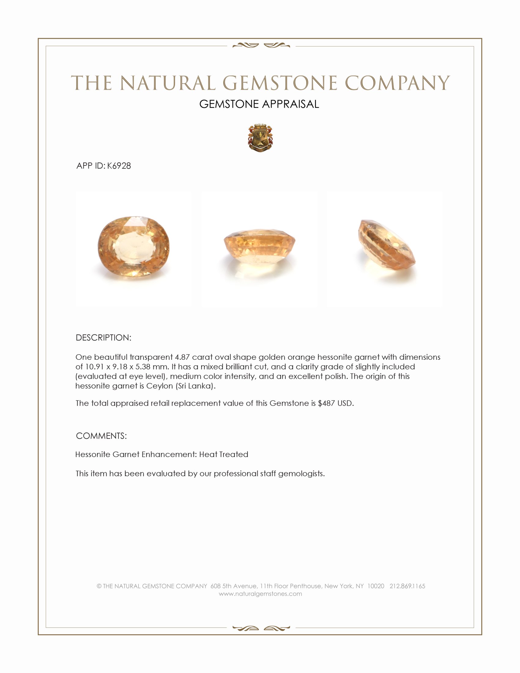 4.87 Ct. Hessonite Garnet from Ceylon (Sri Lanka)