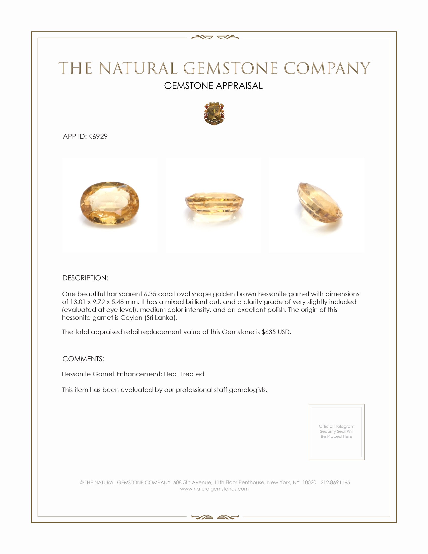 6.35 Ct. Hessonite Garnet from Ceylon (Sri Lanka)