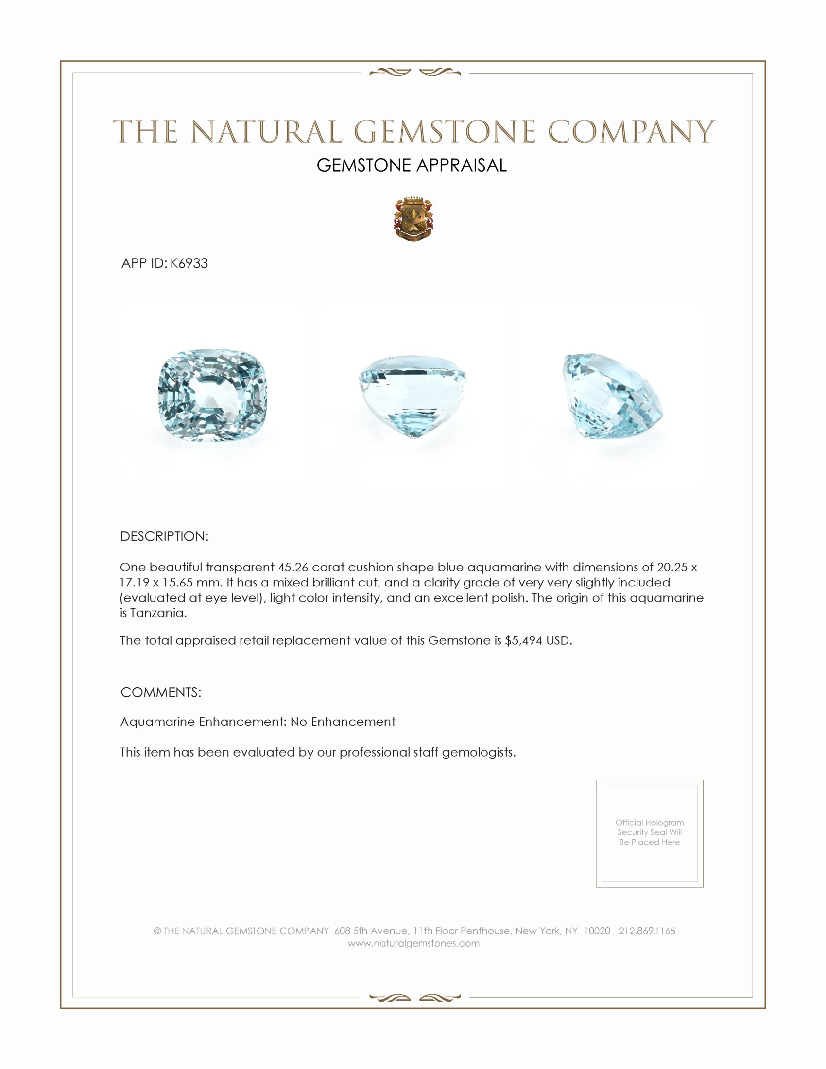 45.26 Ct. Aquamarine from Tanzania