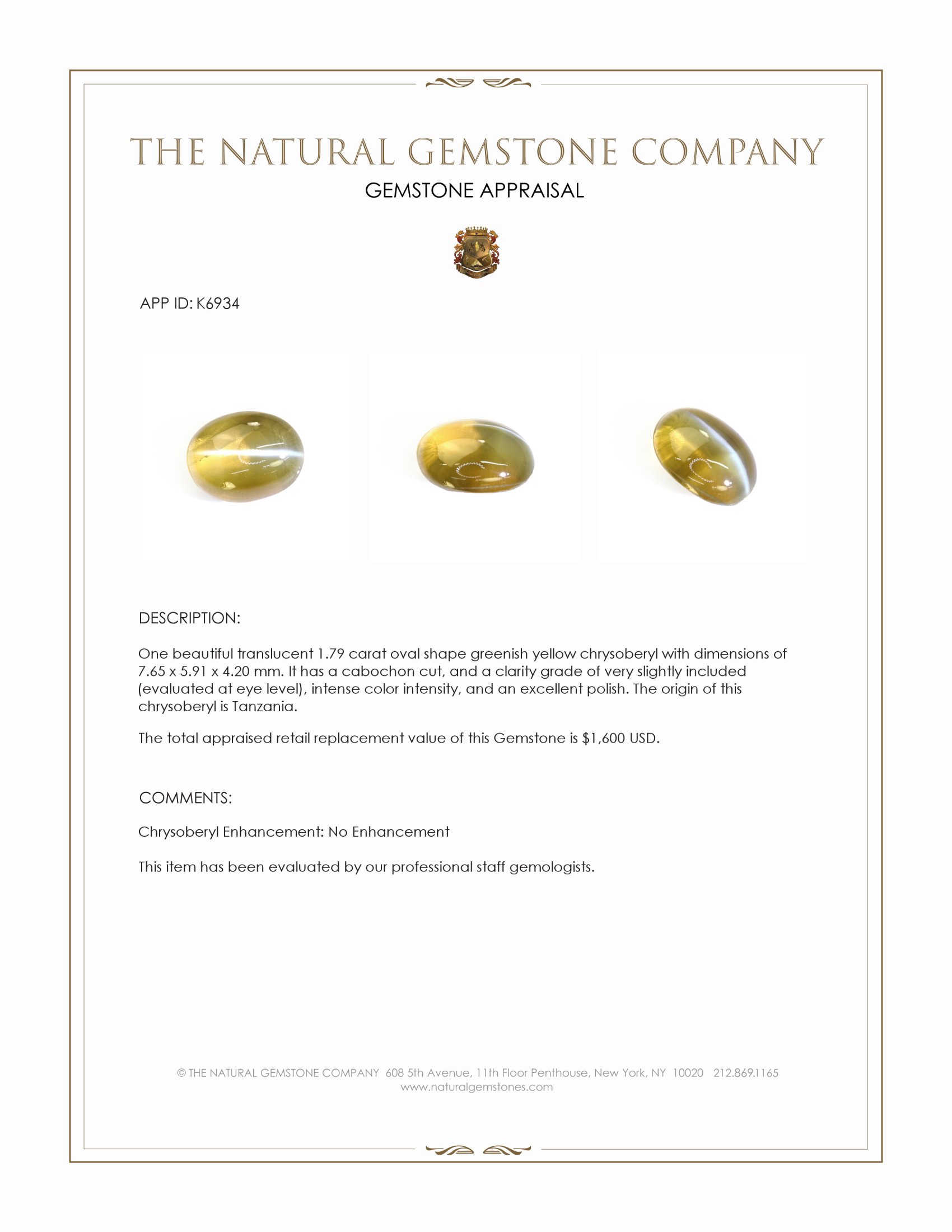 1.79 Ct. Greenish Yellow Cabochon Chrysoberyl from Tanzania