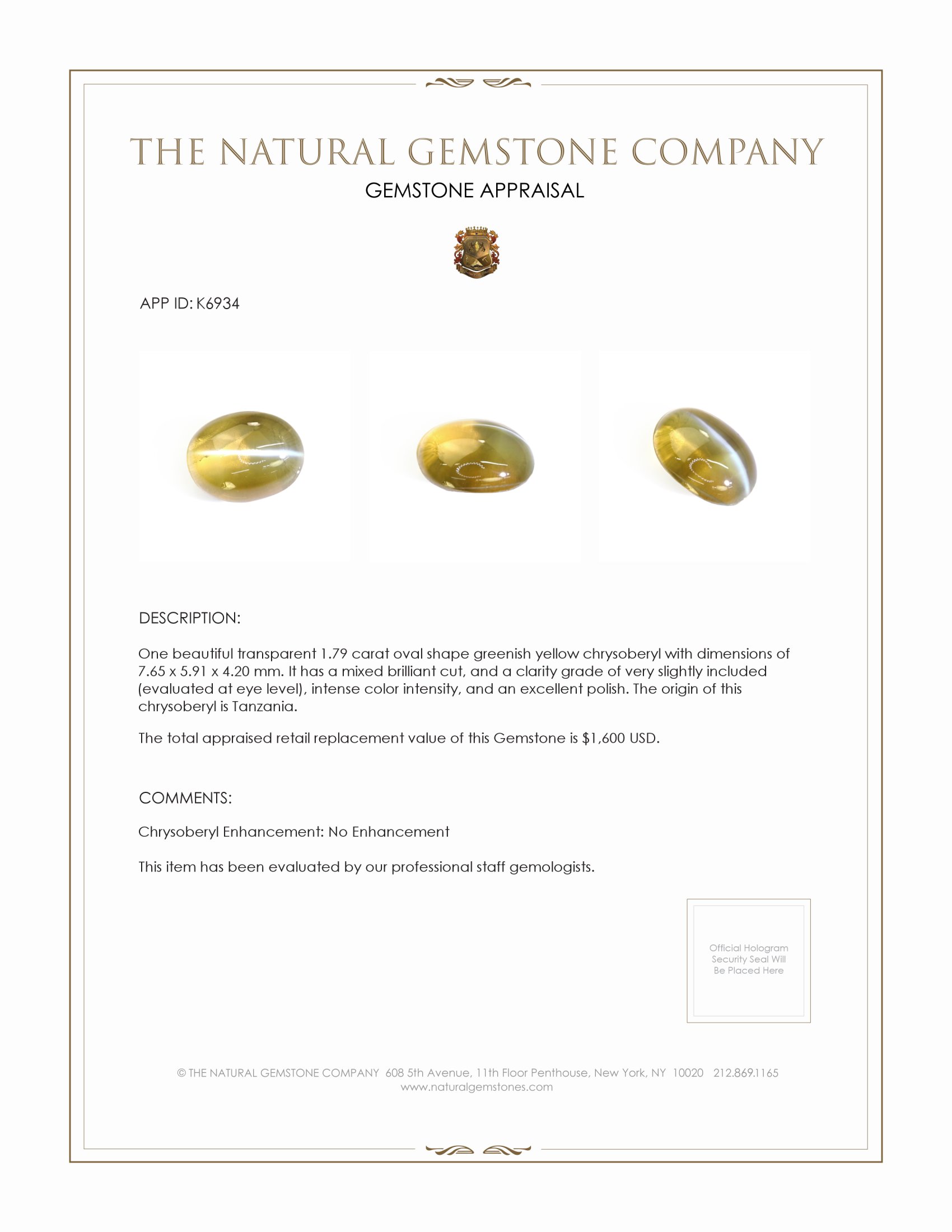 1.79 Ct. Chrysoberyl from Tanzania