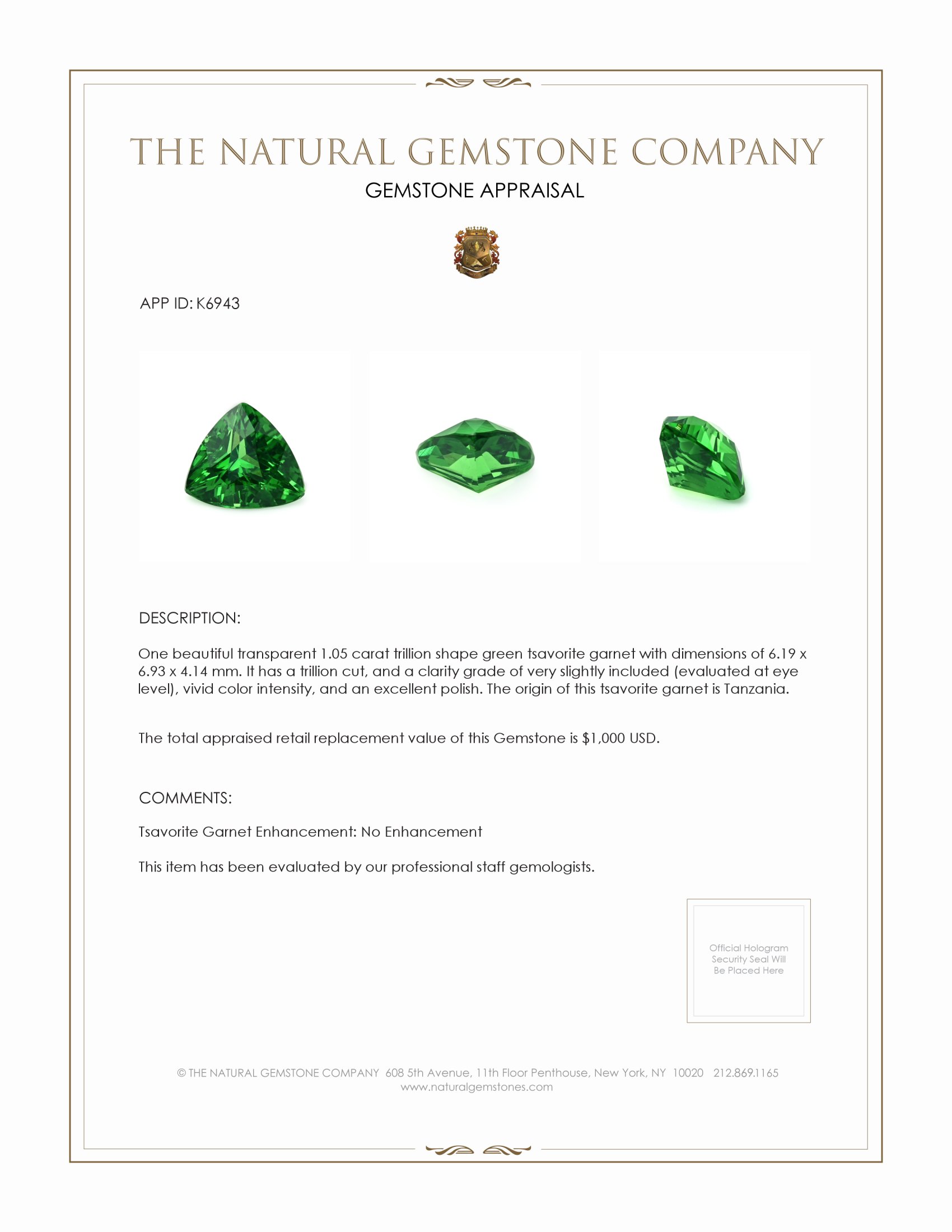 1.05 Ct. Tsavorite Garnet from Tanzania