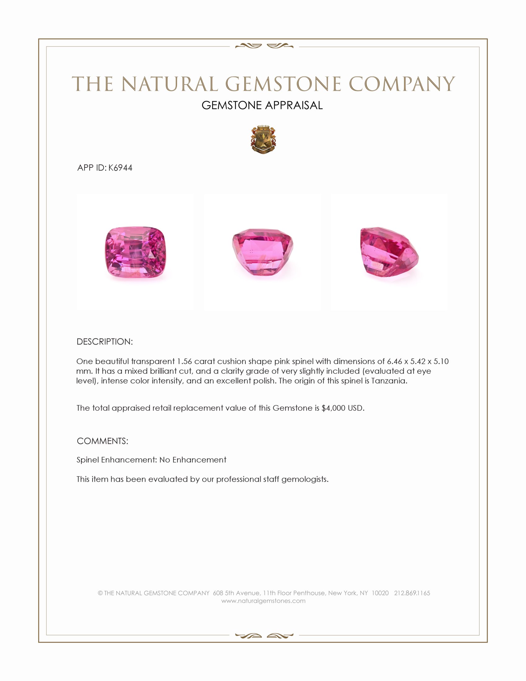 1.56 Ct. Pink Spinel from Tanzania