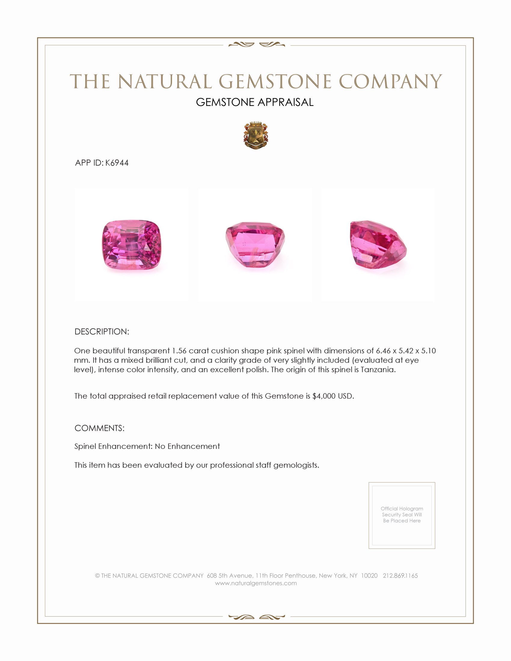 1.56 Ct. Spinel from Tanzania