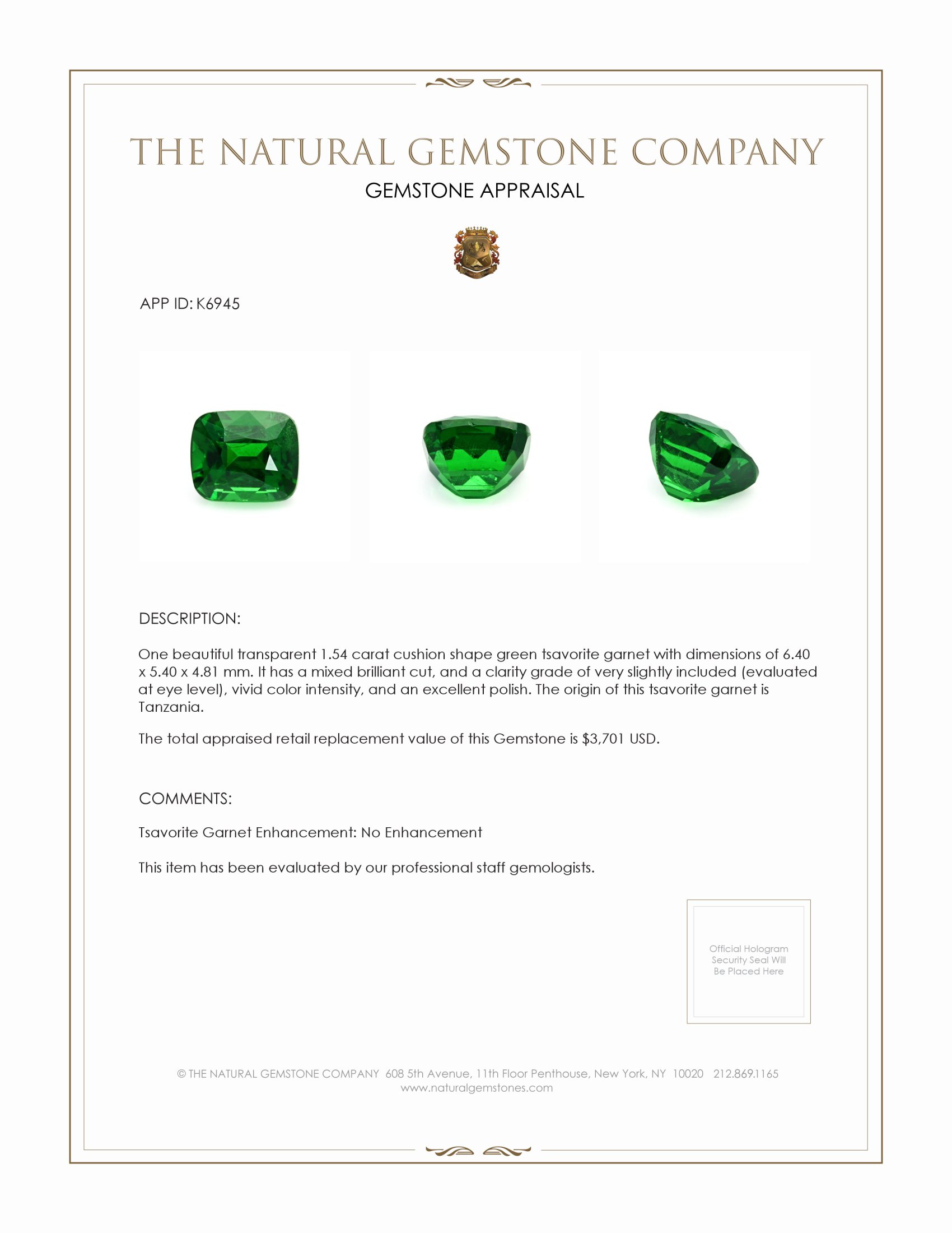 1.54 Ct. Tsavorite Garnet from Tanzania