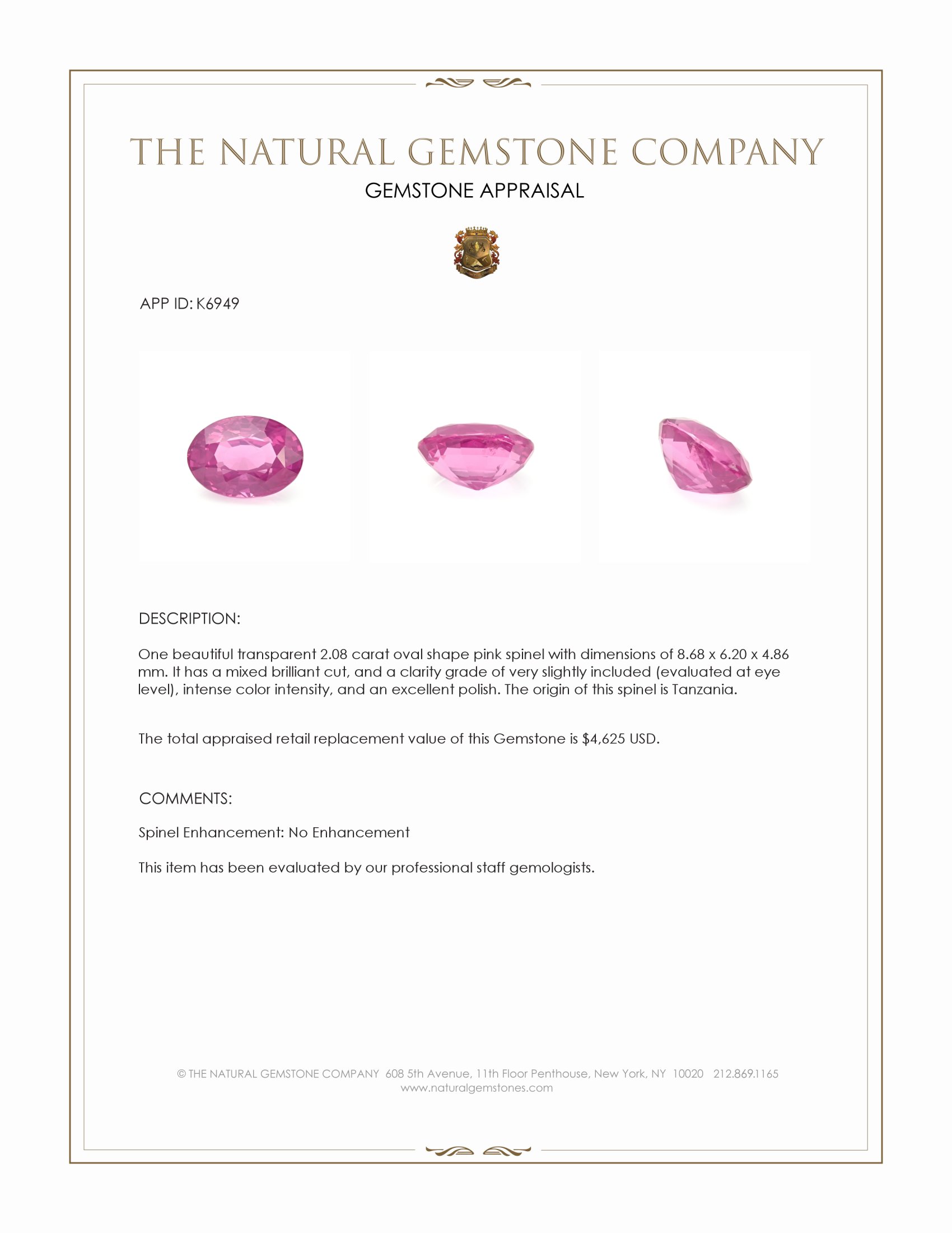 2.08 Ct. Pink Spinel from Tanzania