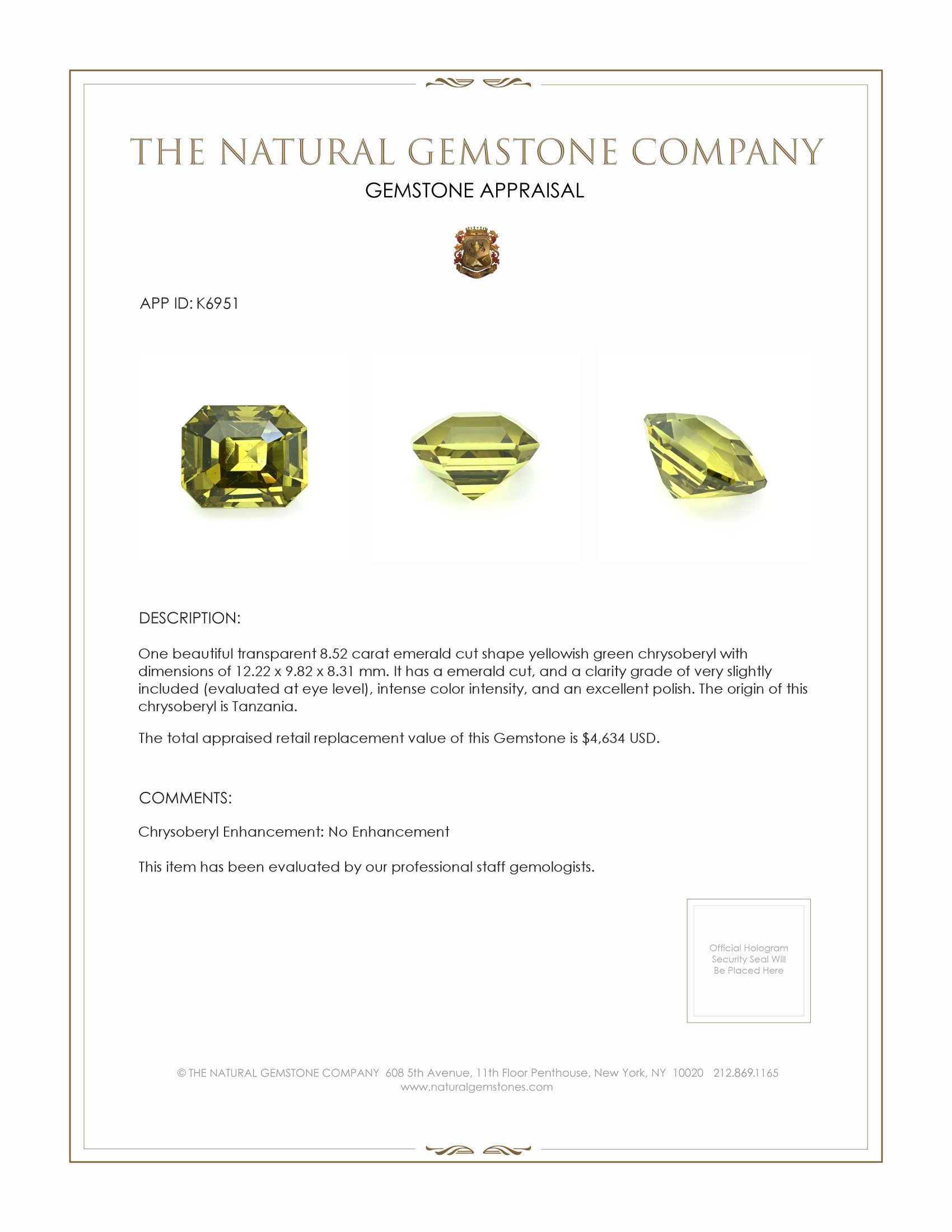 8.52 Ct. Chrysoberyl from Tanzania