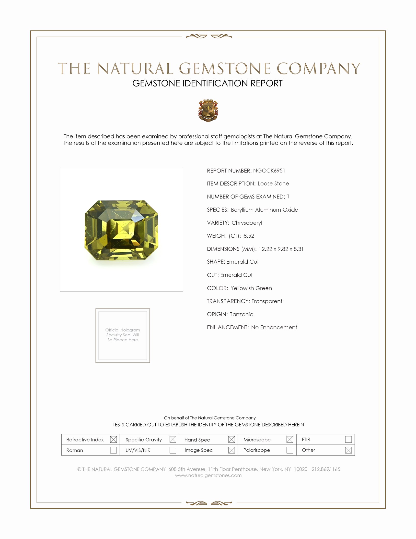 8.52 Ct. Chrysoberyl from Tanzania