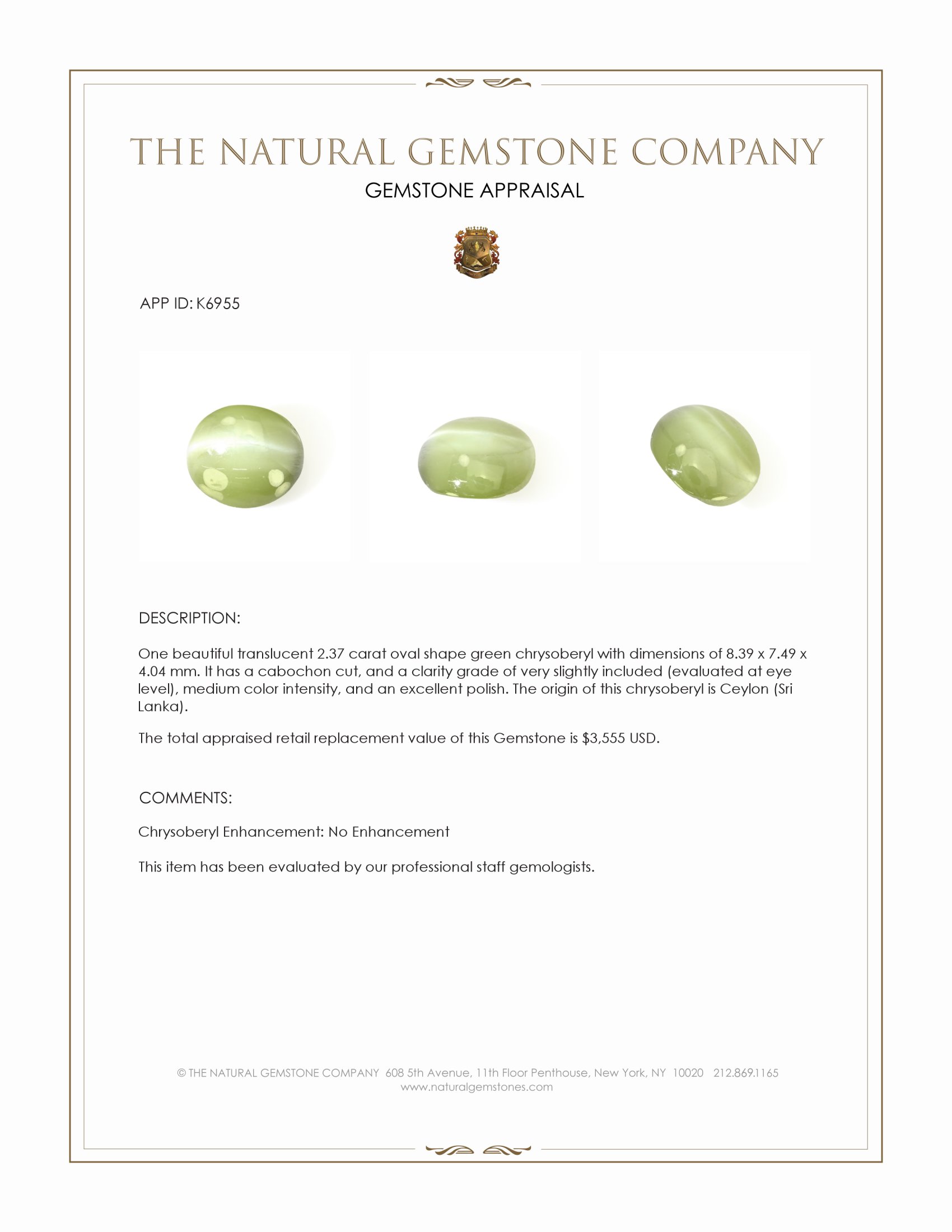 2.37 Ct. Green Cabochon Chrysoberyl from Ceylon (Sri Lanka)