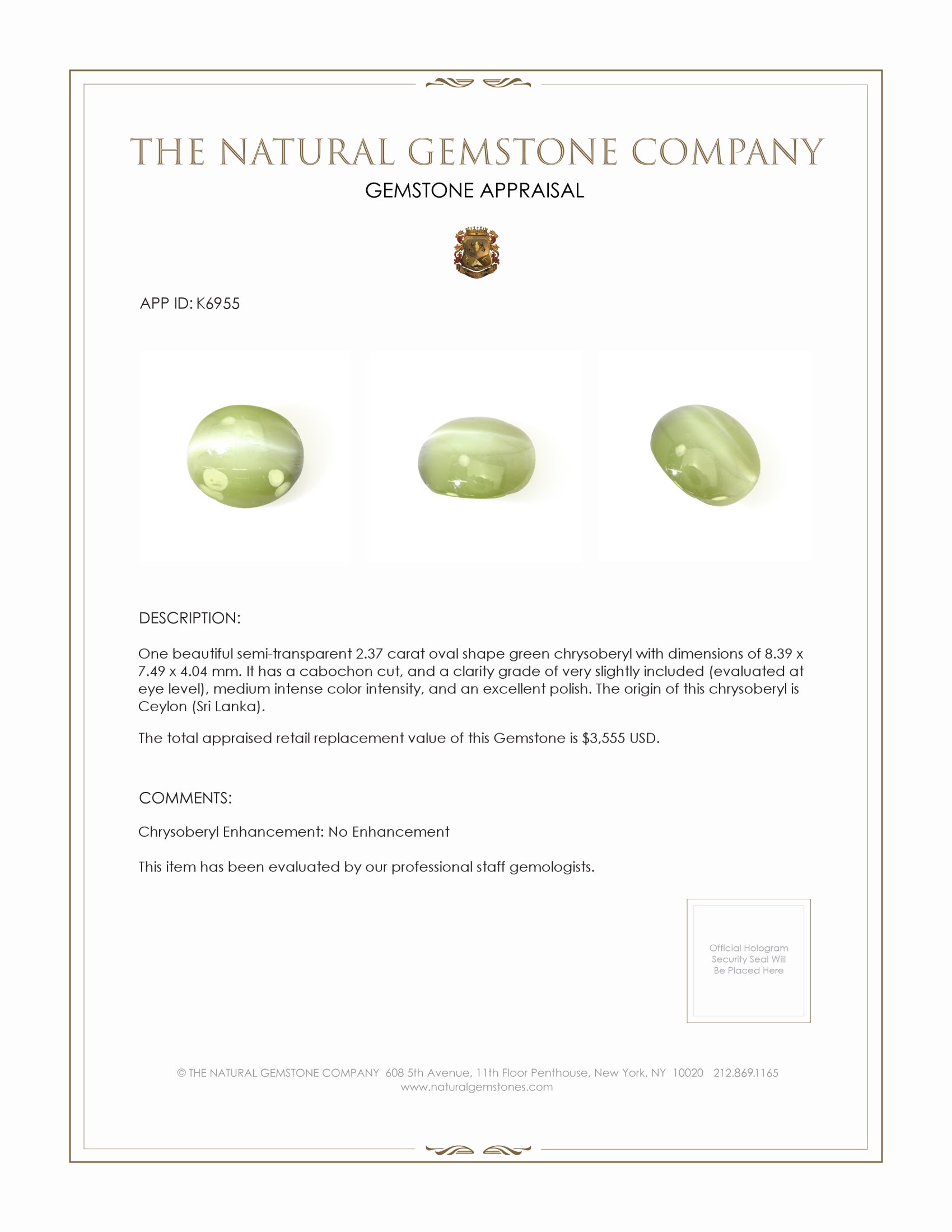 2.37 Ct. Cabochon Chrysoberyl from Ceylon (Sri Lanka)