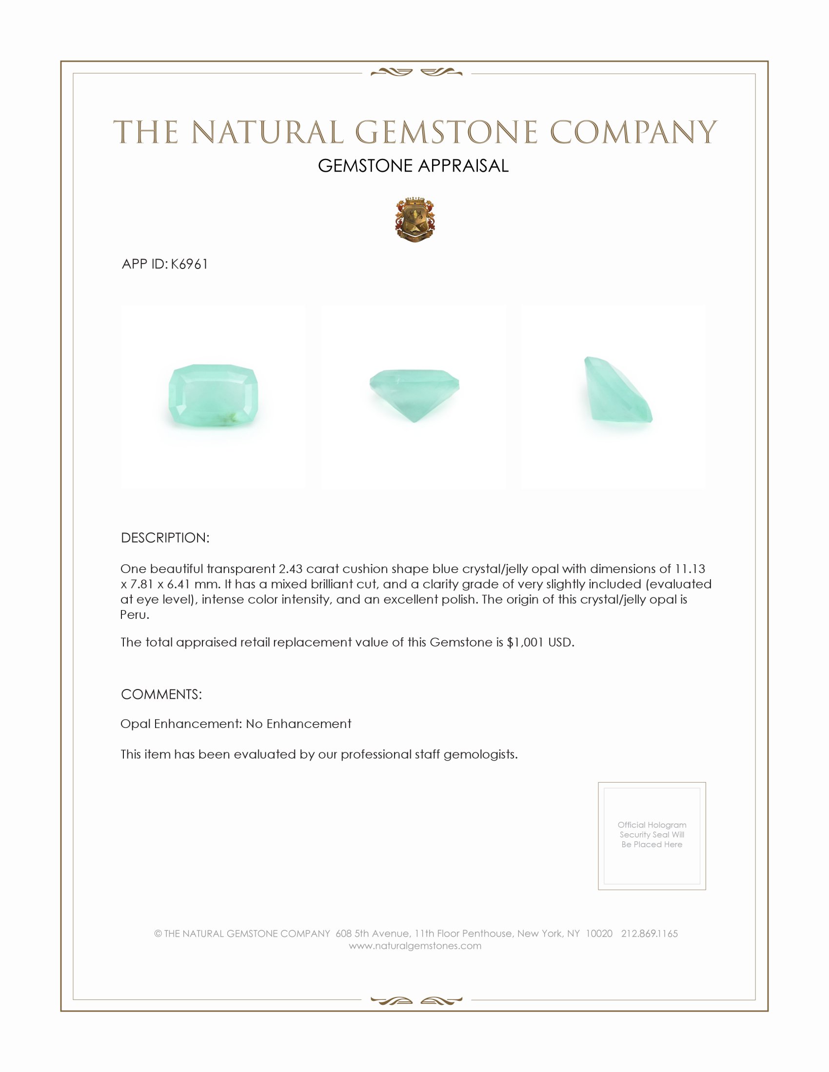 2.43 Ct. Crystal/Jelly Opal from Peru