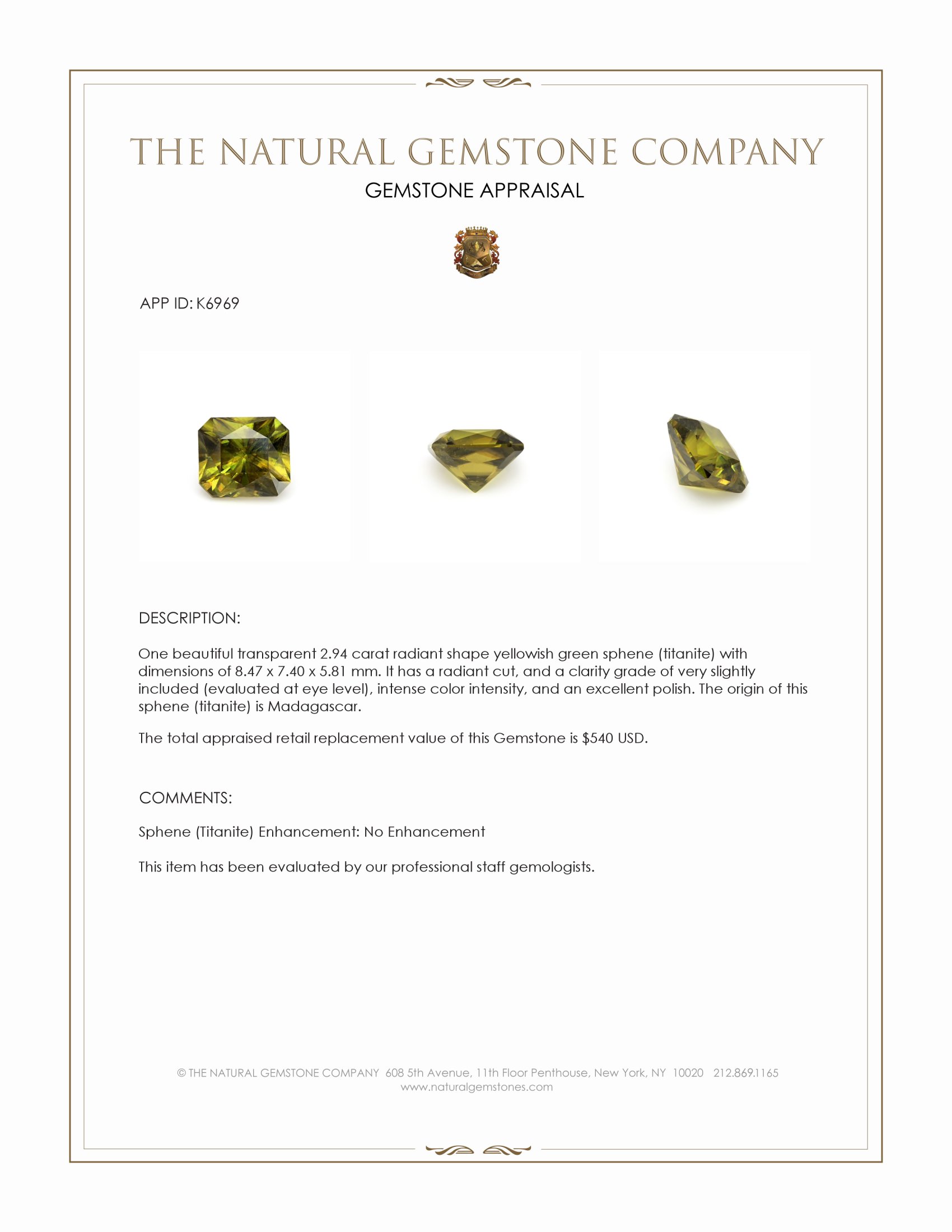 2.94 Ct. Sphene (Titanite) from Madagascar
