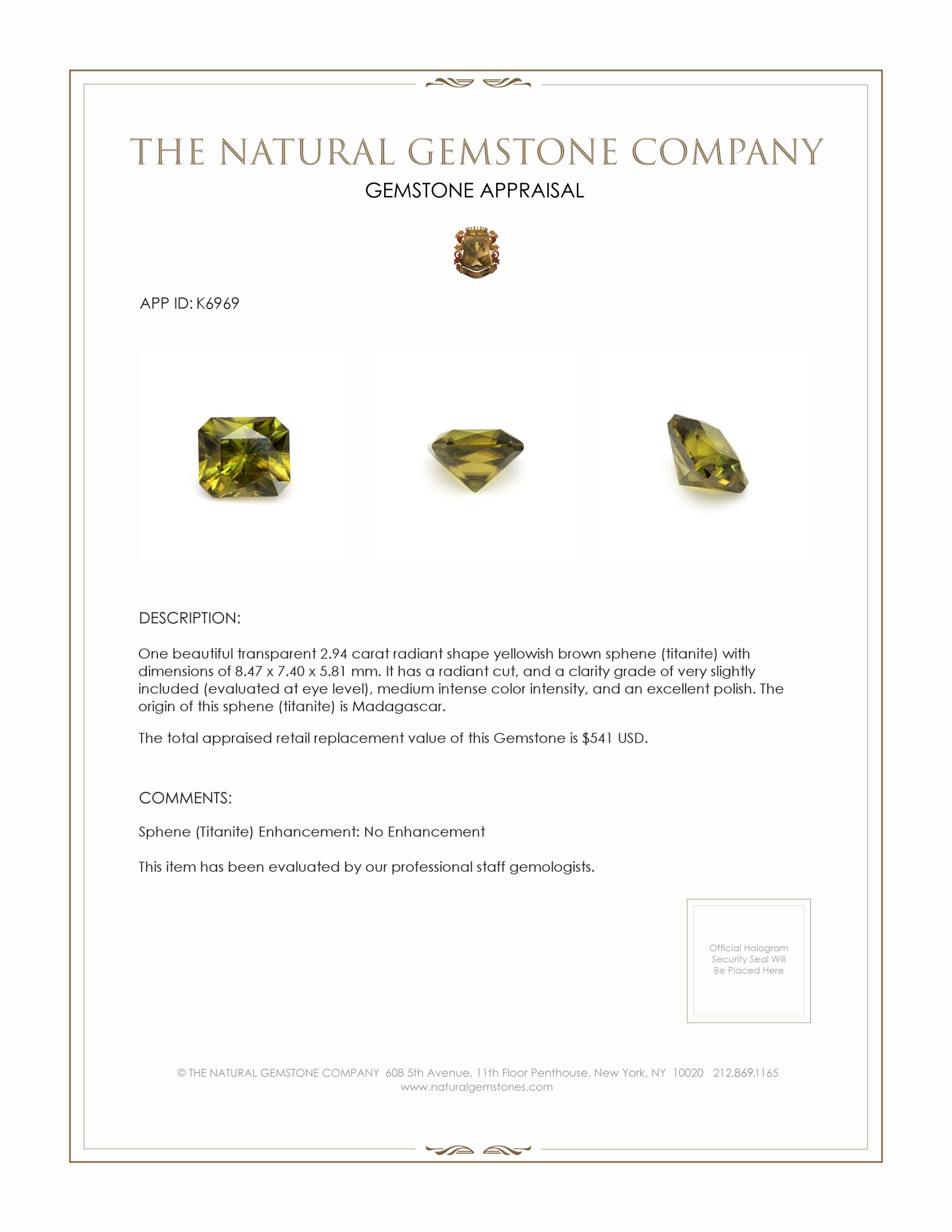 2.94 Ct. Sphene (Titanite) from Madagascar