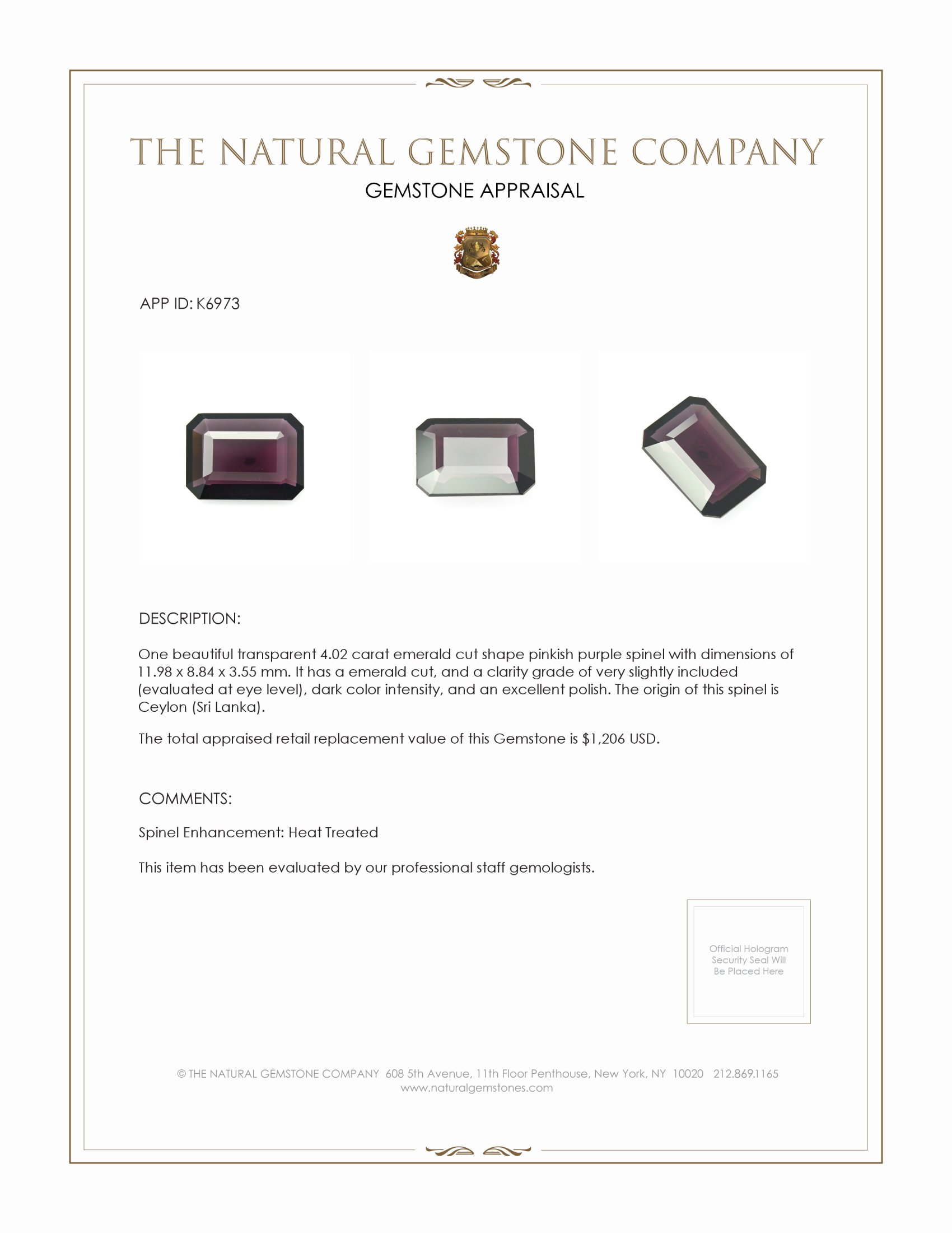 4.02 Ct. Pinkish Purple Spinel from Ceylon (Sri Lanka)