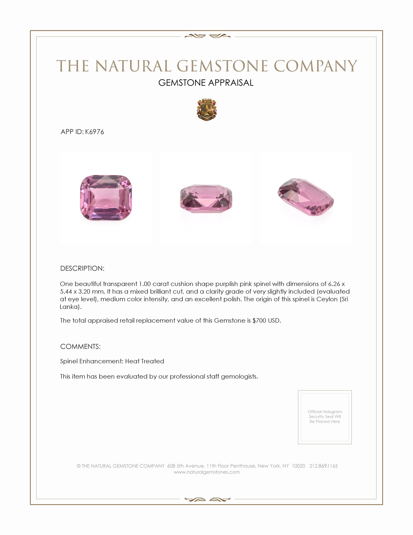 1.00 Ct. Spinel from Ceylon (Sri Lanka)