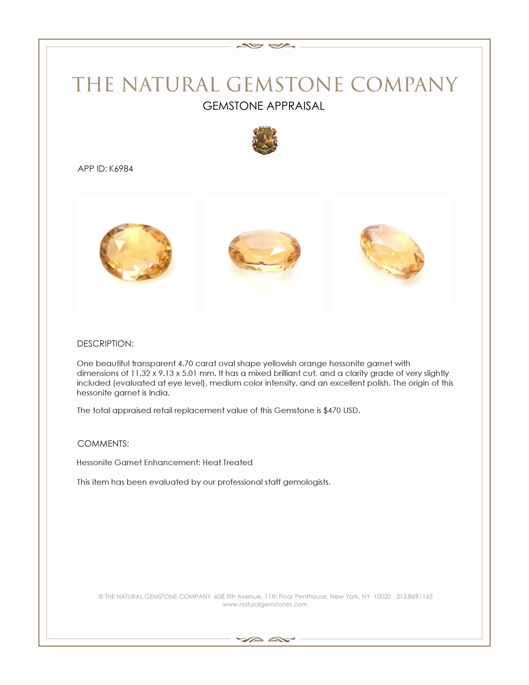 4.70 Ct. Hessonite Garnet from India