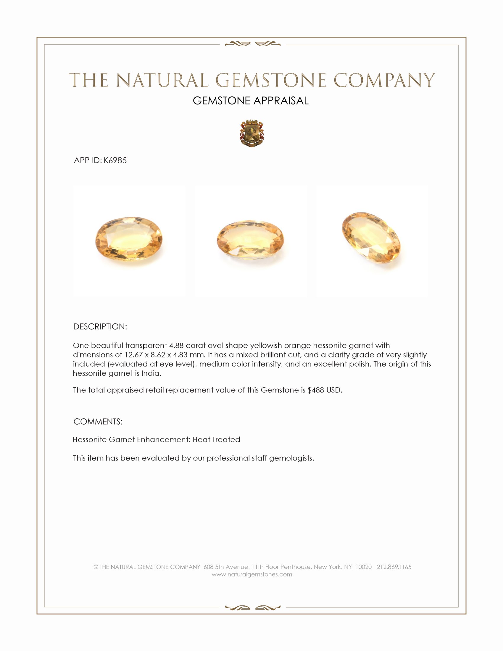 4.88 Ct. Yellowish Orange Hessonite Garnet from India