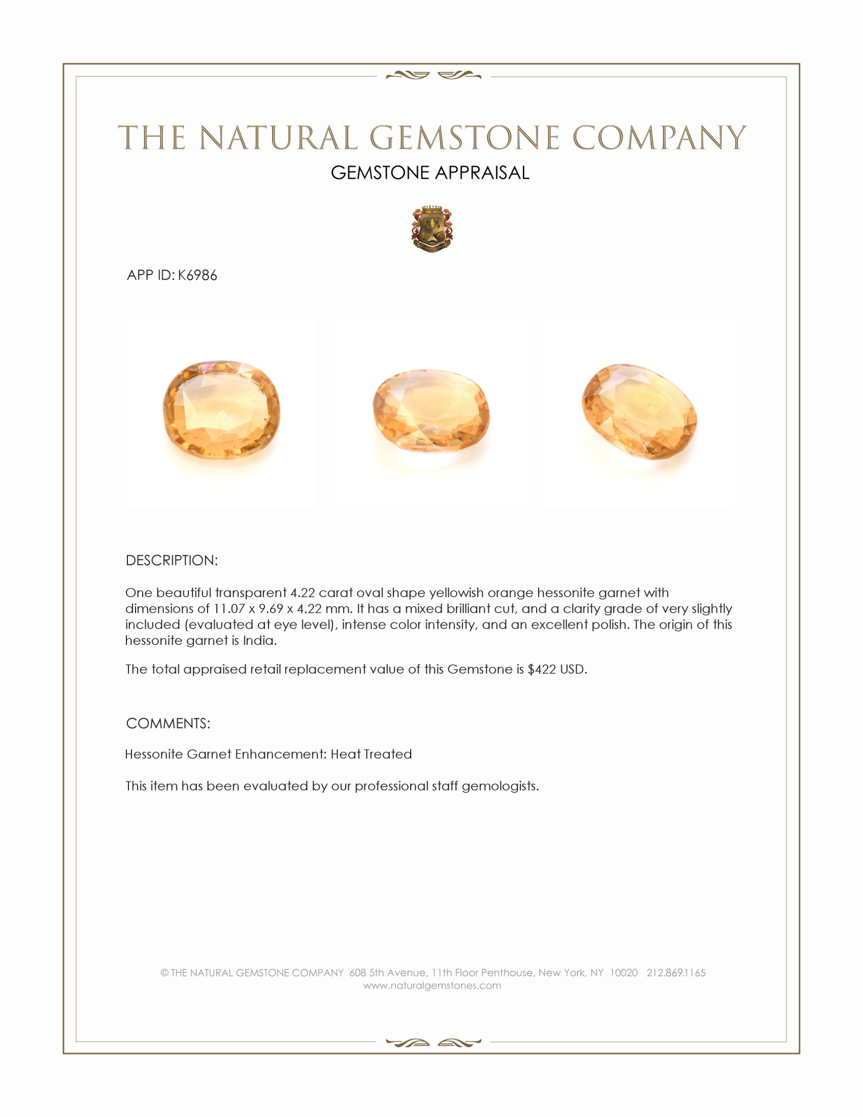 4.22 Ct. Yellowish Orange Hessonite Garnet from India