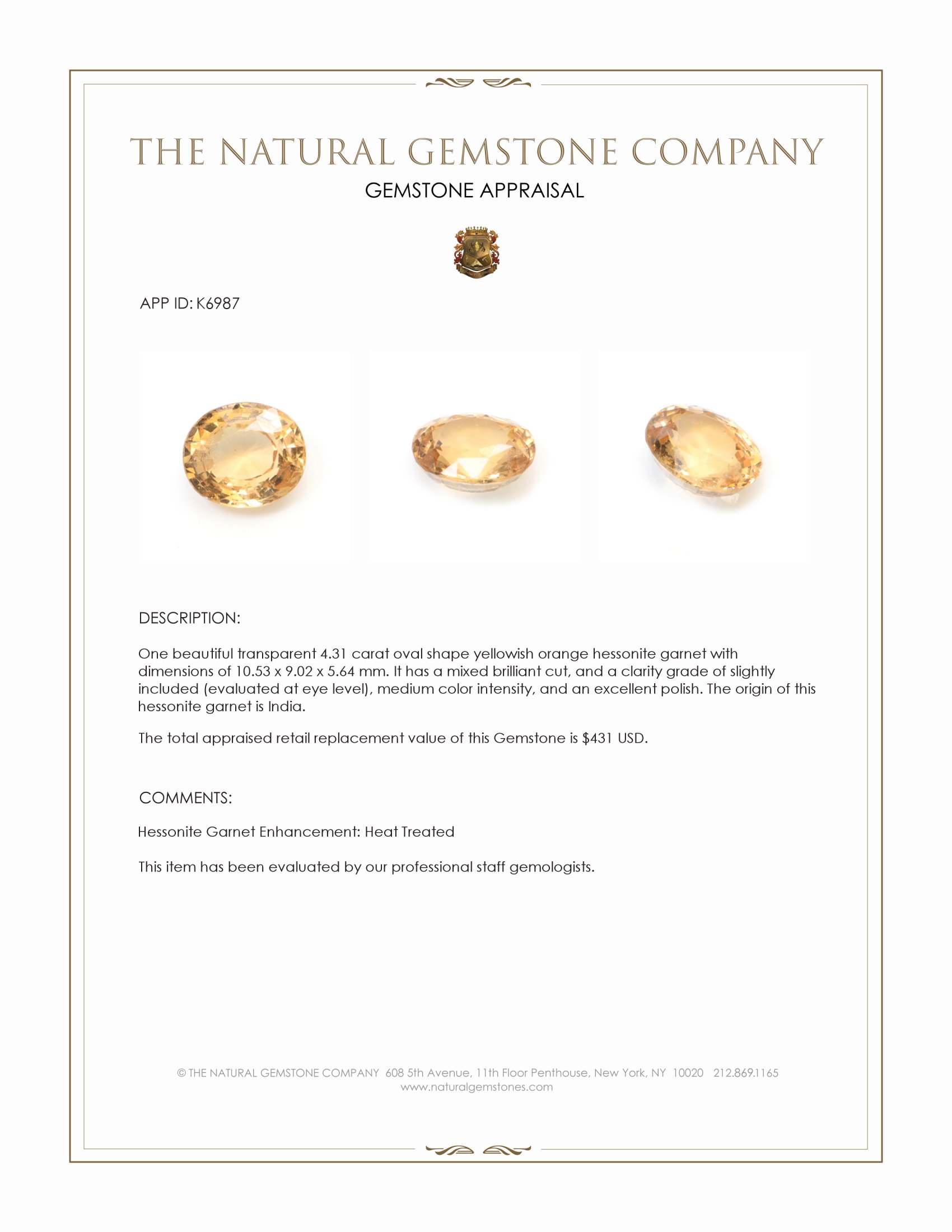 4.31 Ct. Hessonite Garnet from India