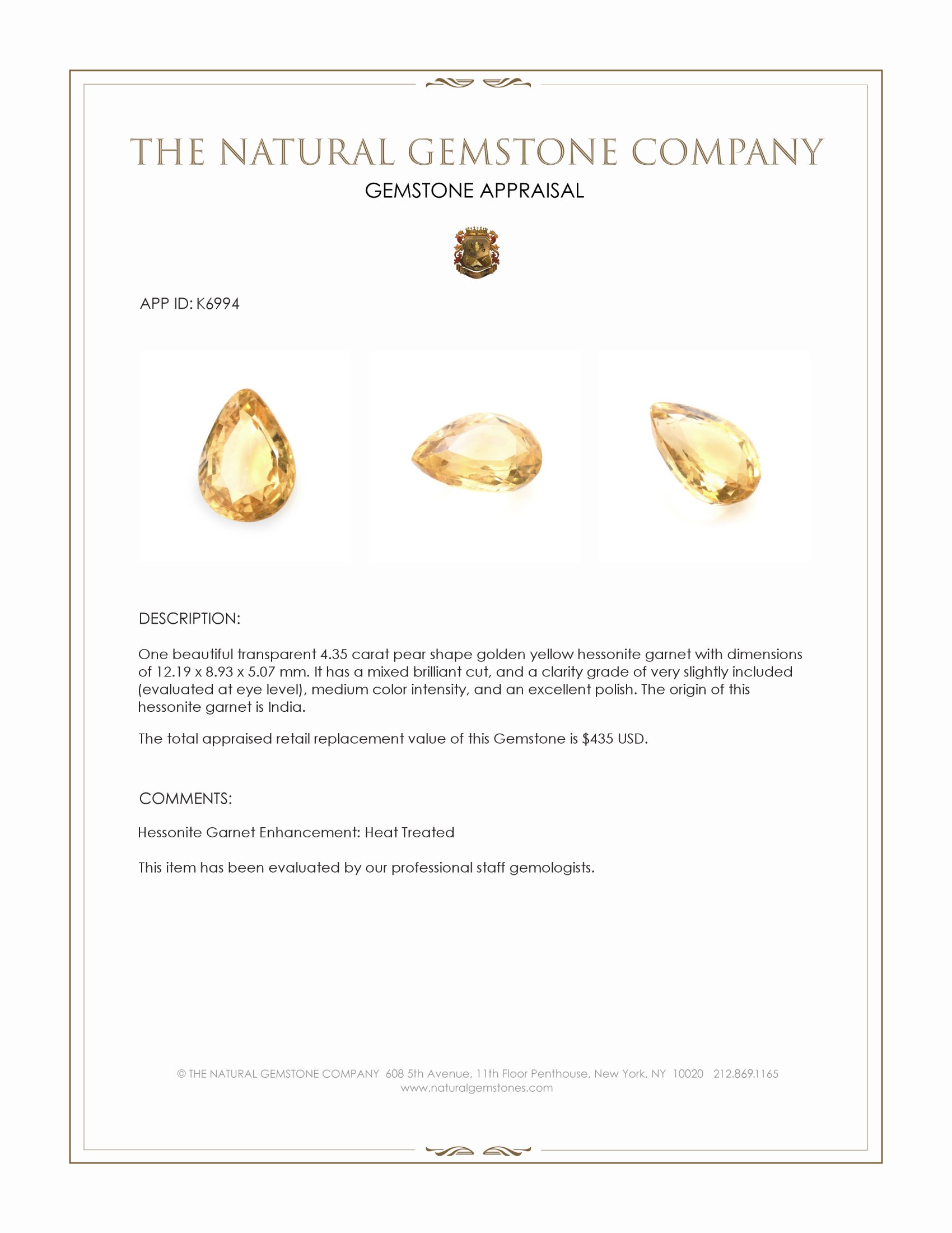 4.35 Ct. Hessonite Garnet from India