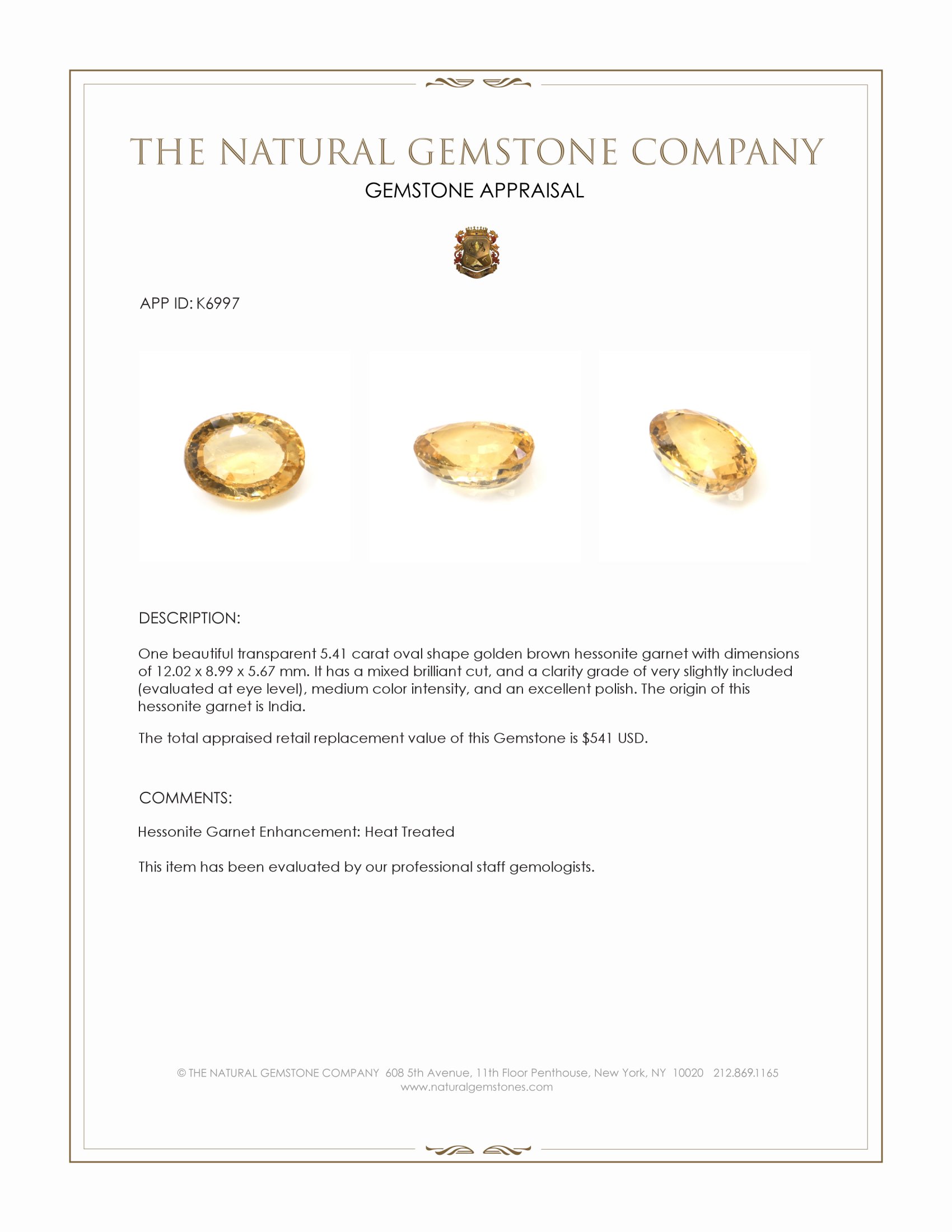 5.41 Ct. Hessonite Garnet from India