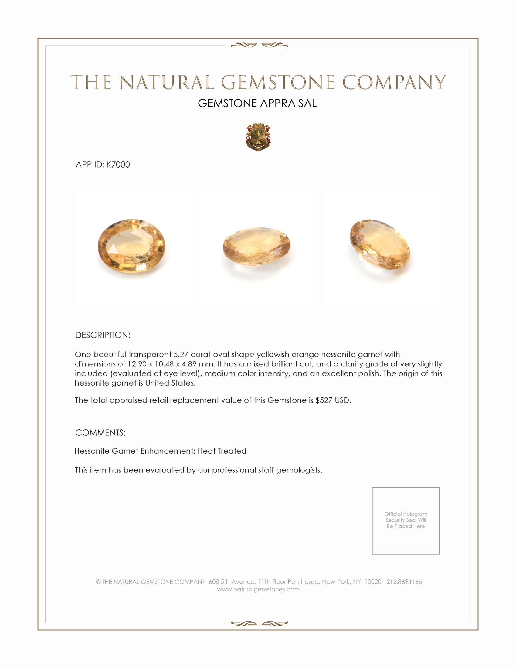 5.27 Ct. Hessonite Garnet from United States