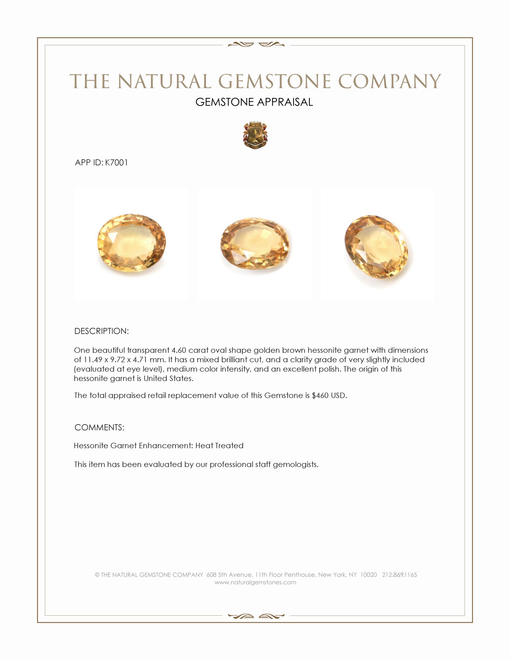 4.60 Ct. Hessonite Garnet from United States