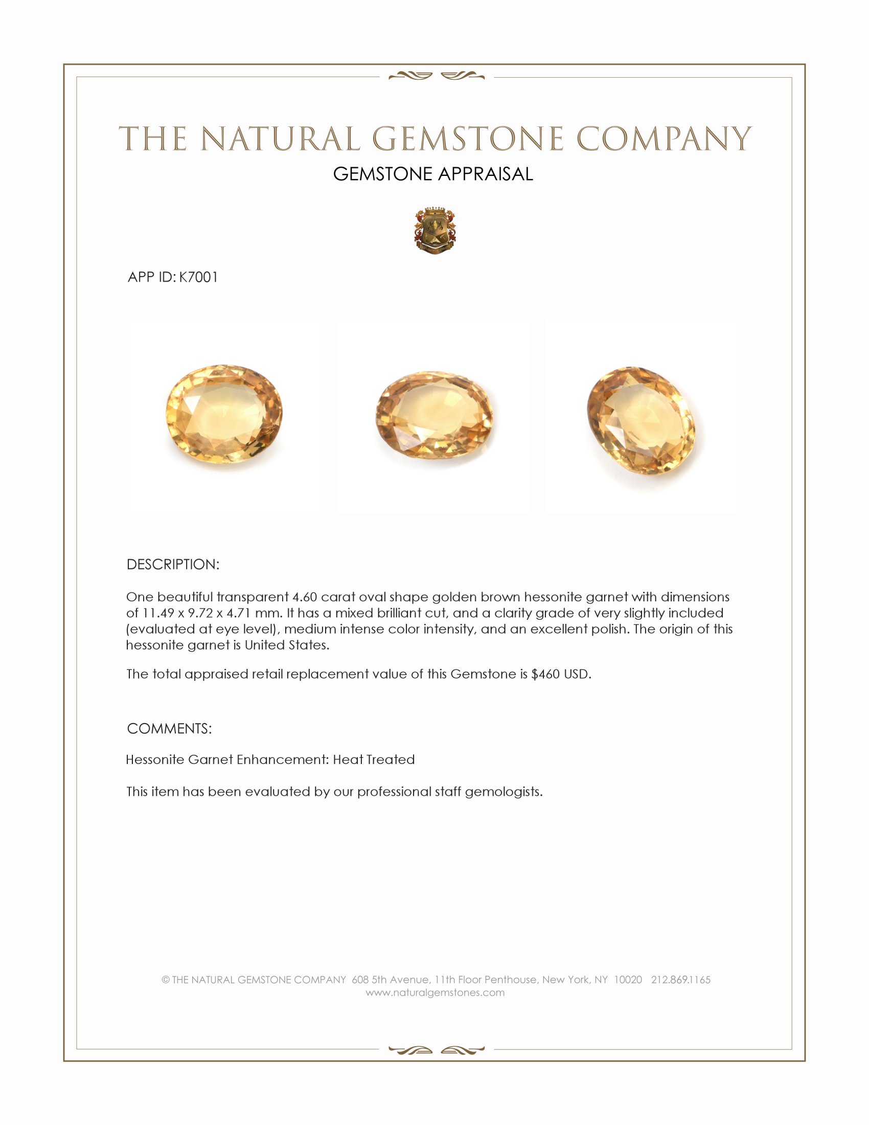 4.60 Ct. Hessonite Garnet from United States