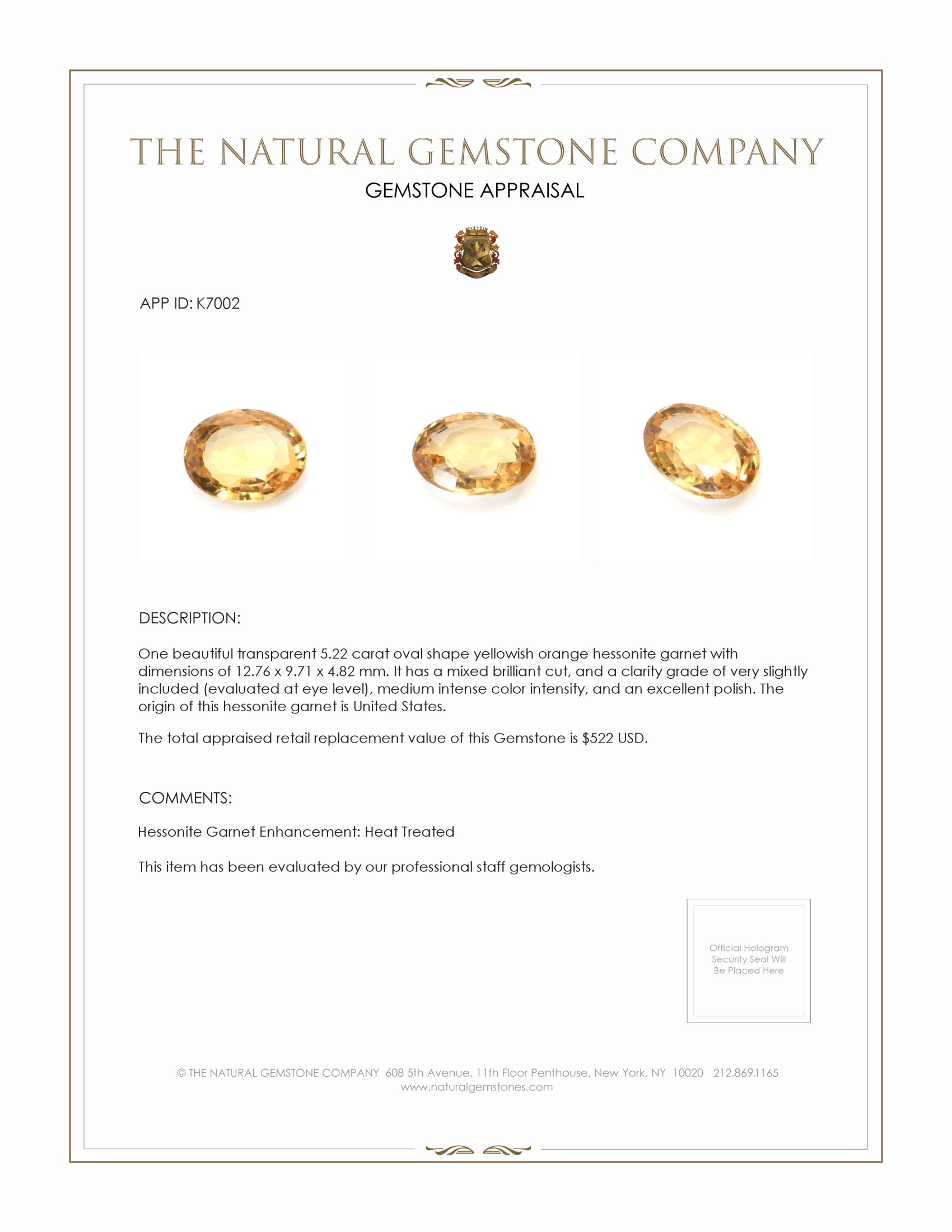 5.22 Ct. Hessonite Garnet from United States