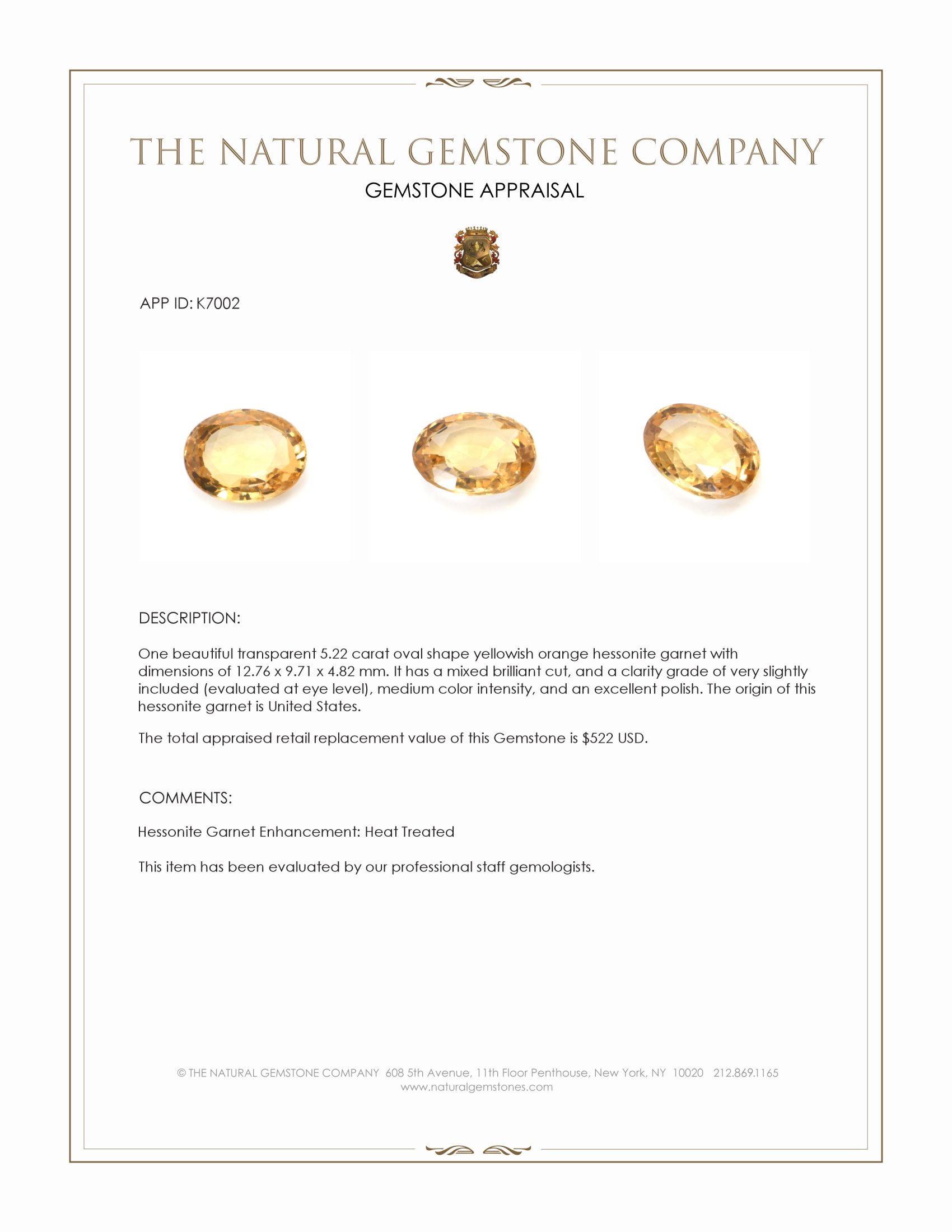 5.22 Ct. Hessonite Garnet from United States