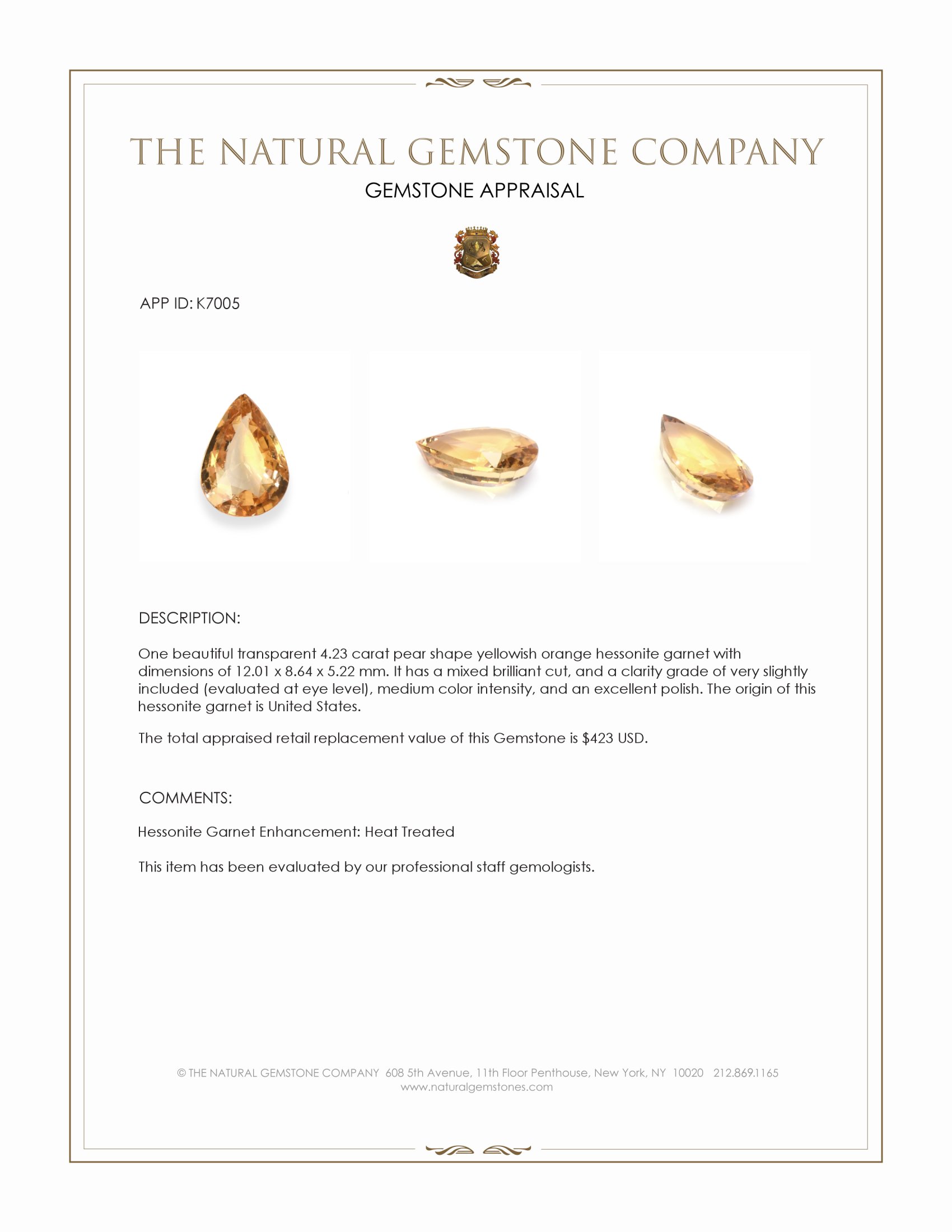 4.23 Ct. Yellowish Orange Hessonite Garnet from United States