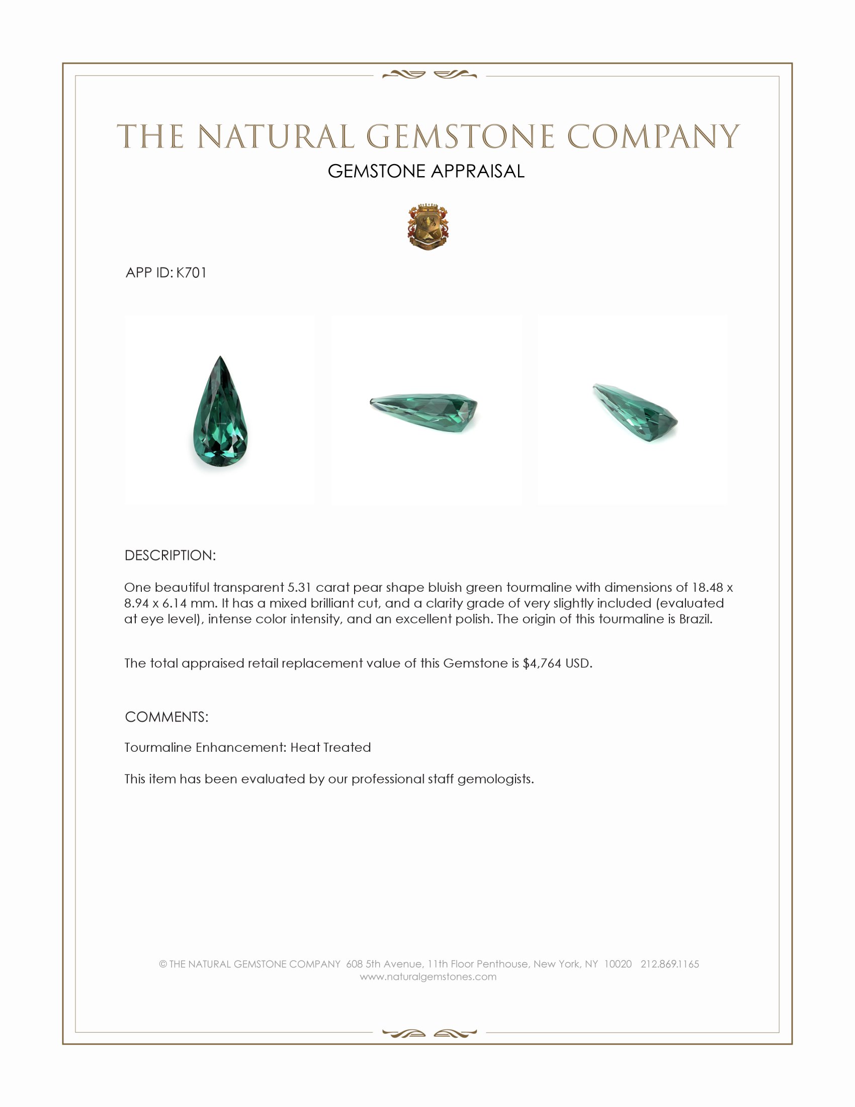 5.31 Ct. Bluish Green Tourmaline from Brazil