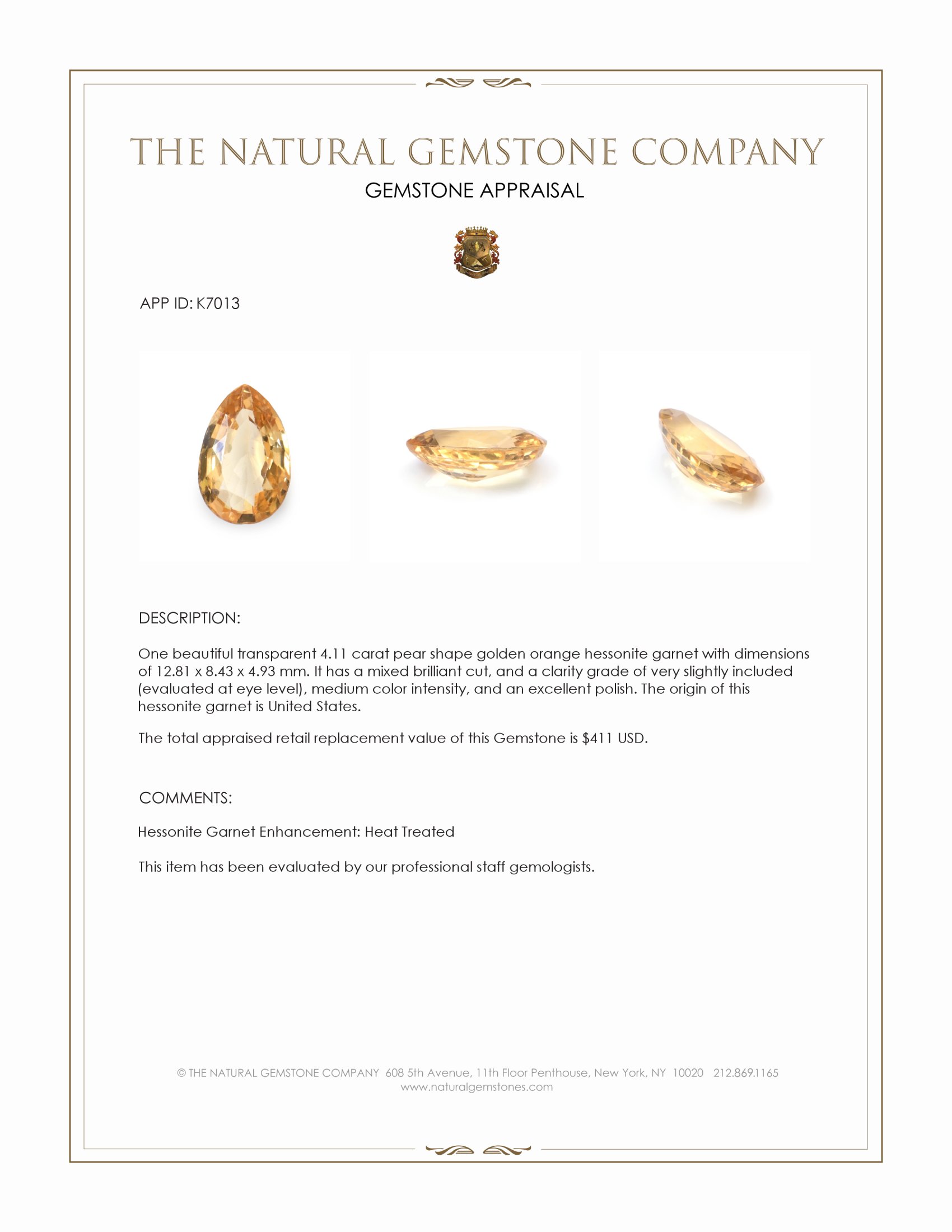 4.11 Ct. Golden Orange Hessonite Garnet from United States