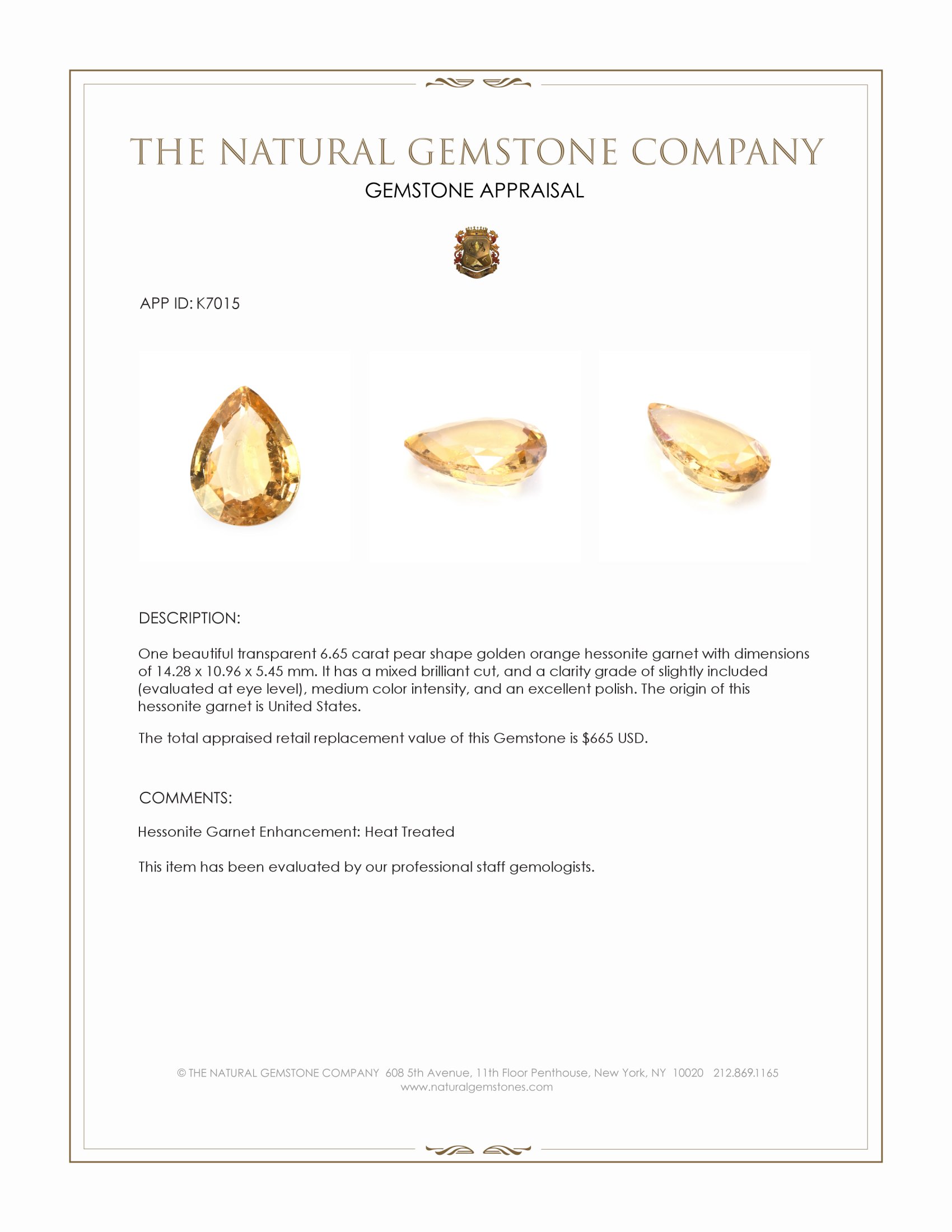 6.65 Ct. Golden Orange Hessonite Garnet from United States