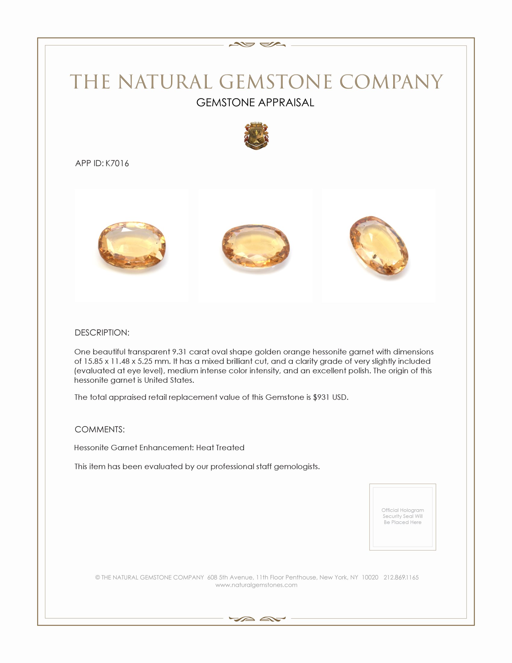 9.31 Ct. Hessonite Garnet from United States