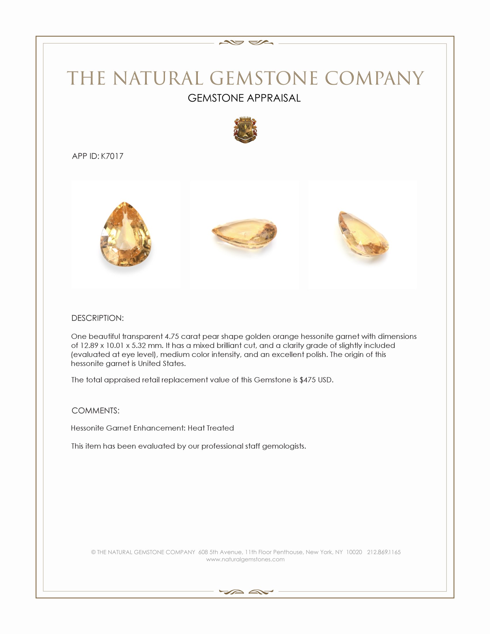 4.75 Ct. Golden Orange Hessonite Garnet from United States