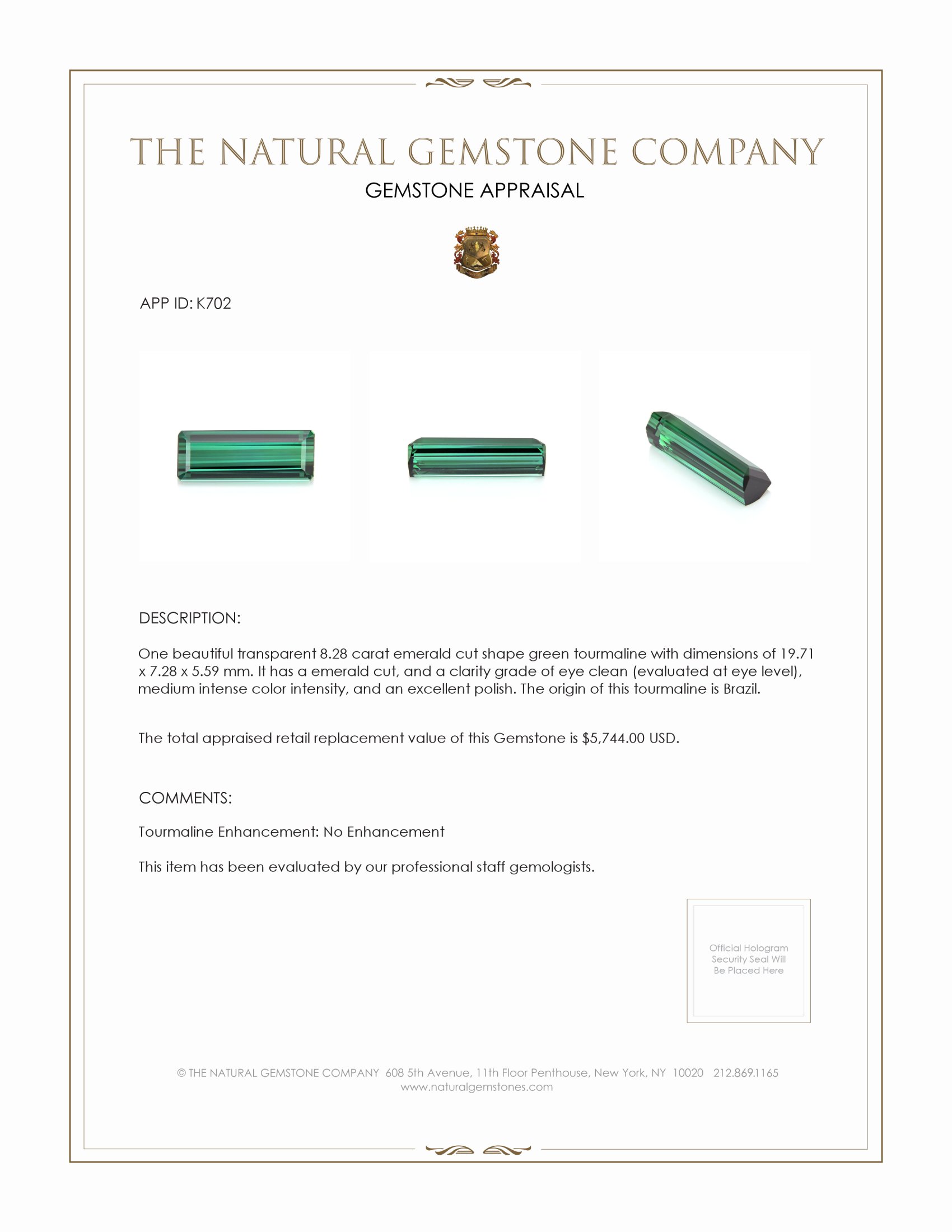 8.28 Ct. Tourmaline from Brazil