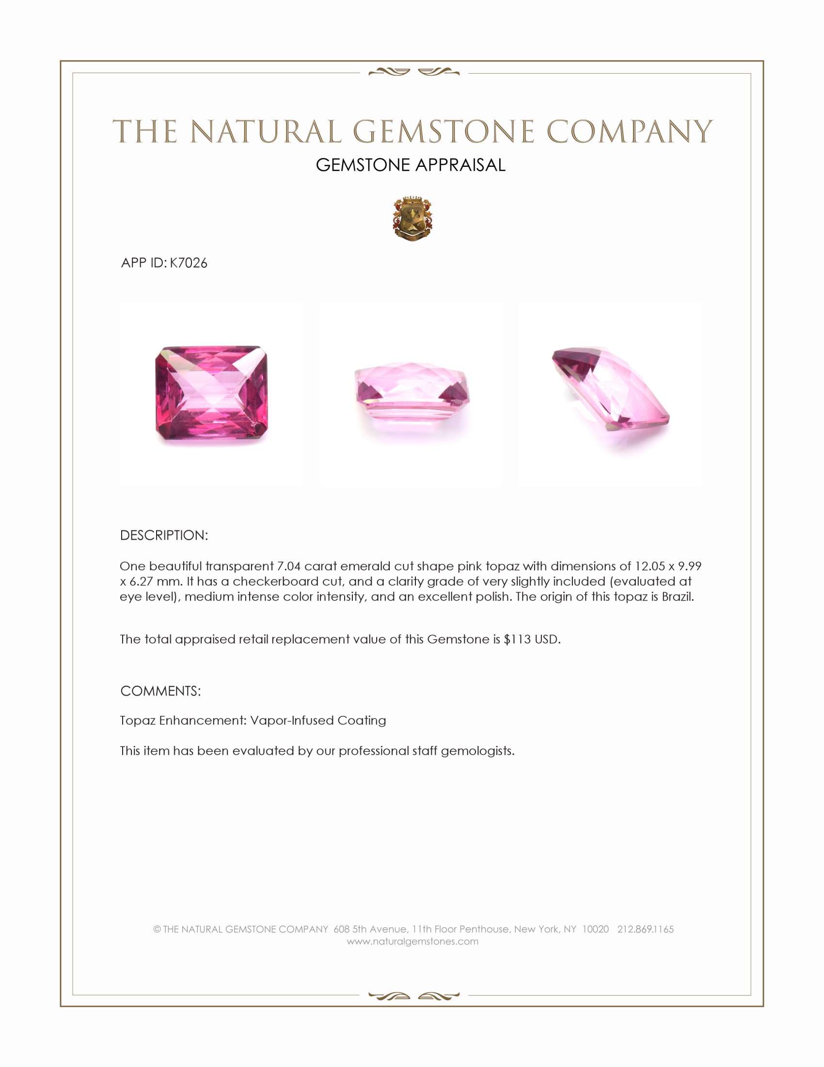 7.04 Ct. Pink Topaz from Brazil
