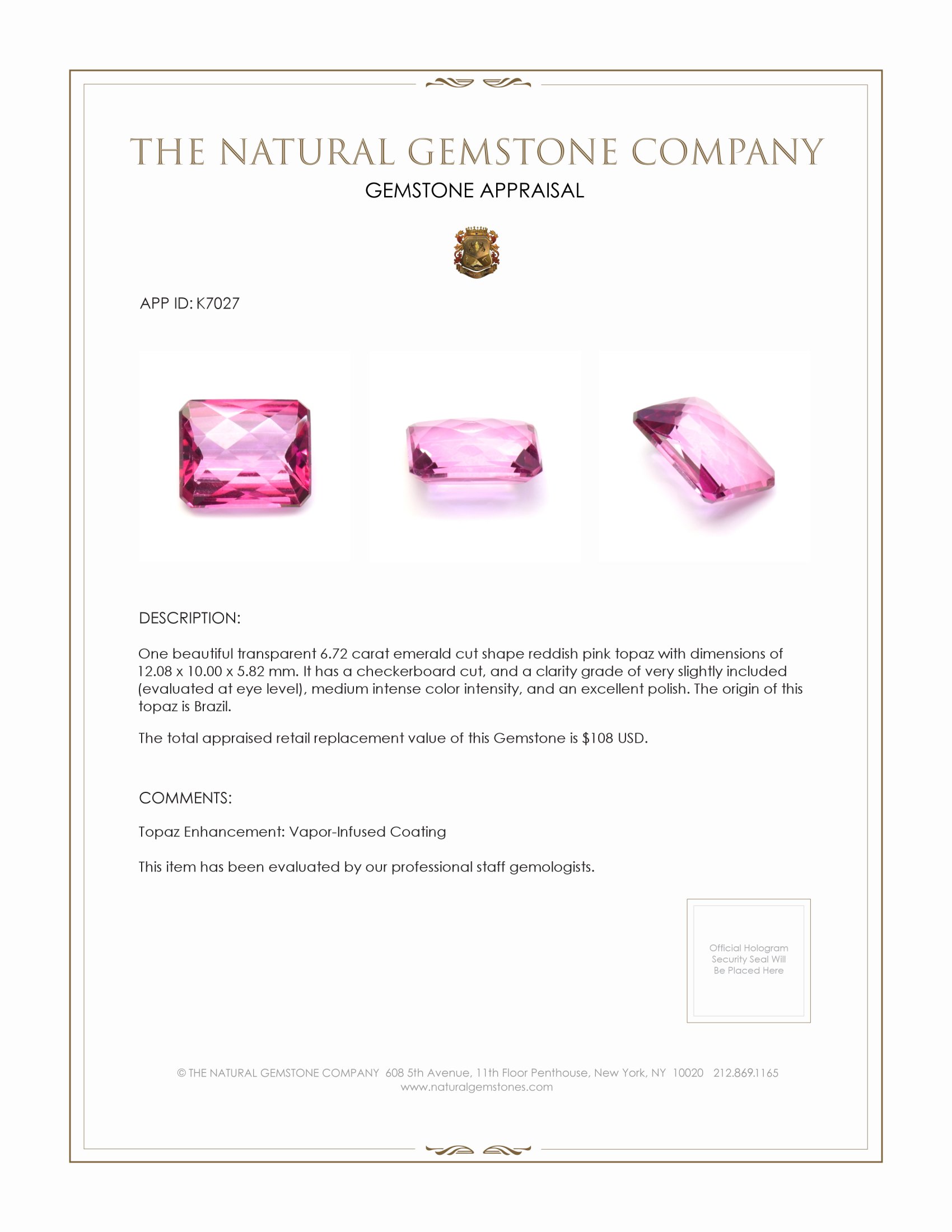 6.72 Ct. Topaz from Brazil