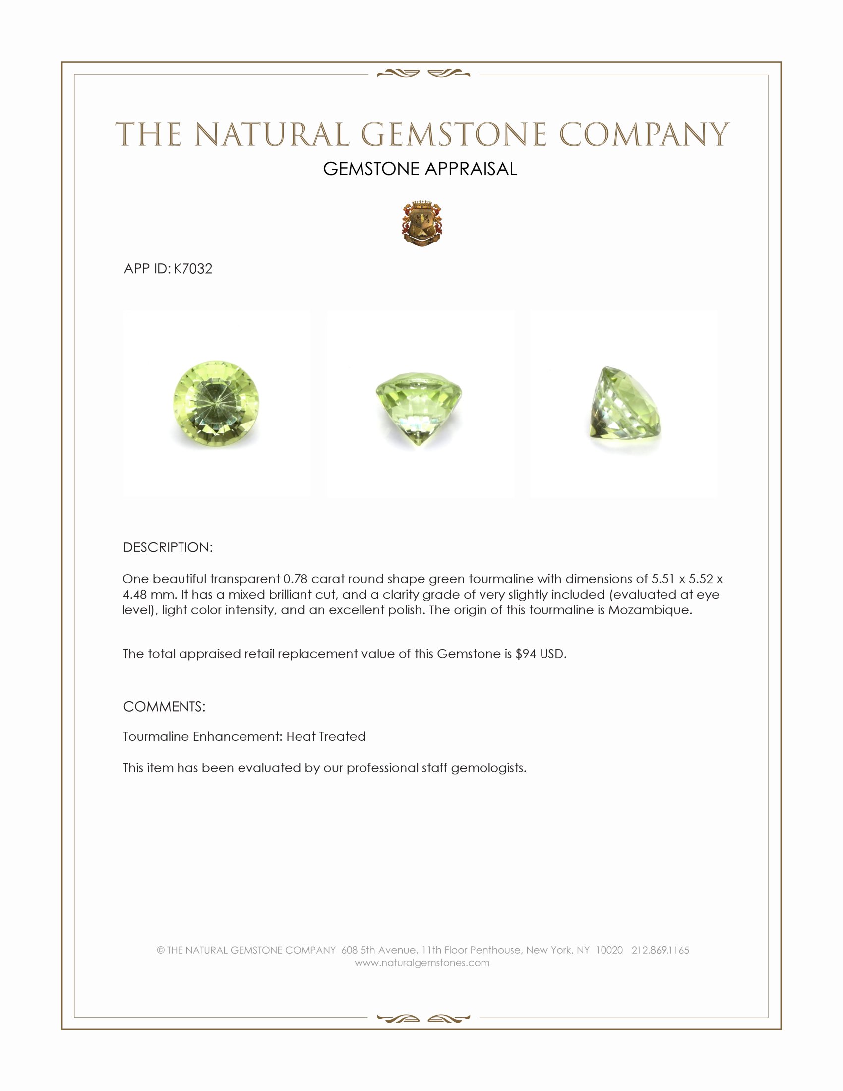 0.78 Ct. Green Tourmaline from Mozambique