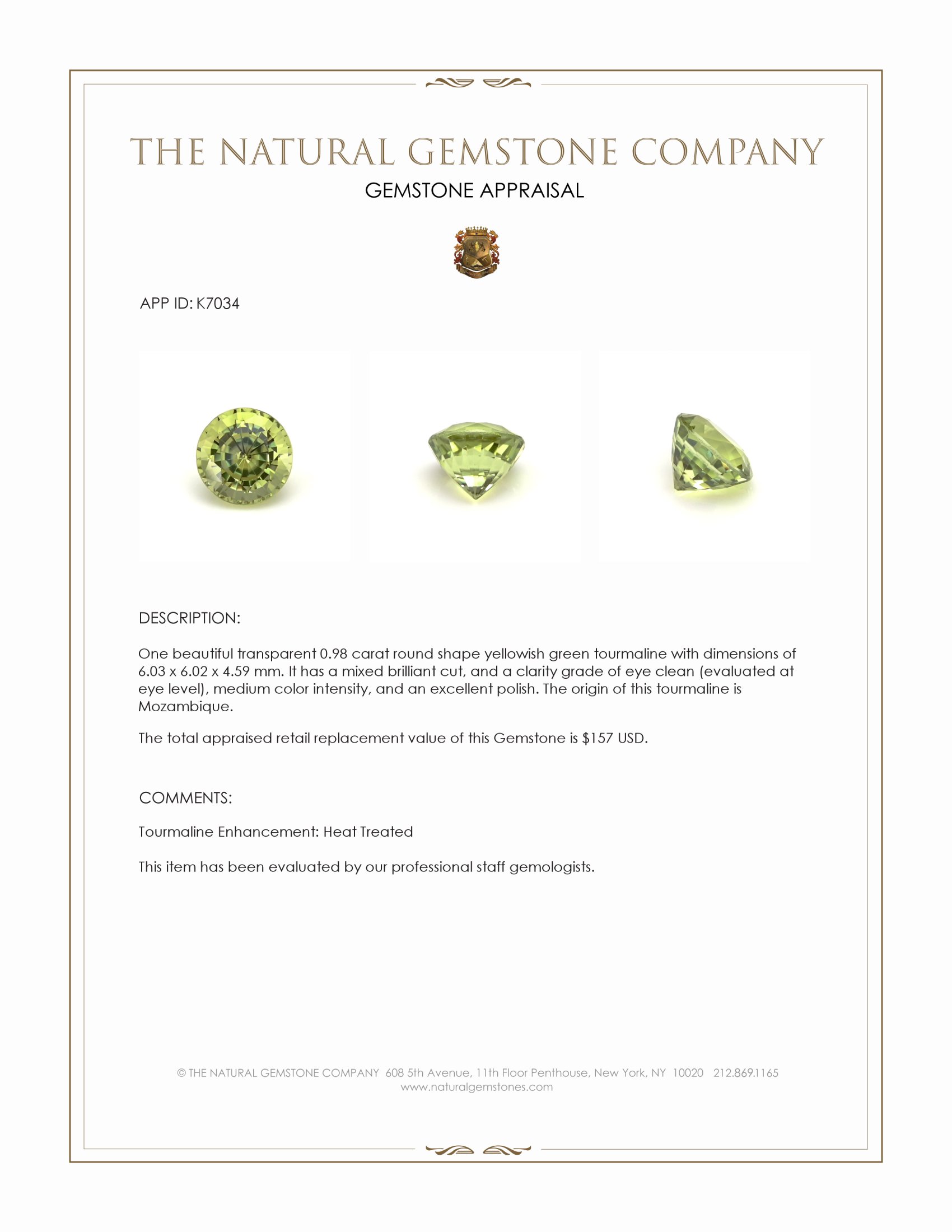 0.98 Ct. Yellowish Green Tourmaline from Mozambique