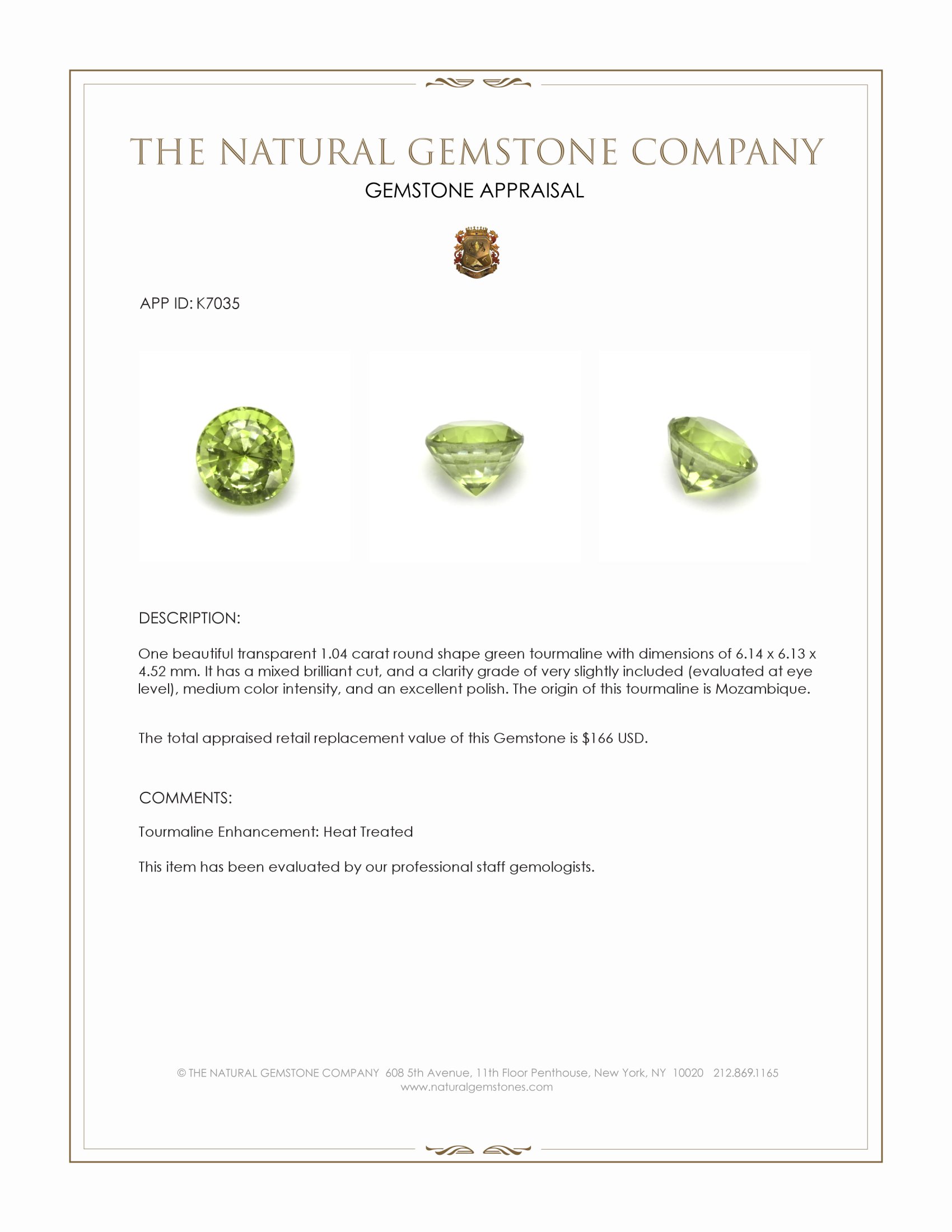 1.04 Ct. Green Tourmaline from Mozambique