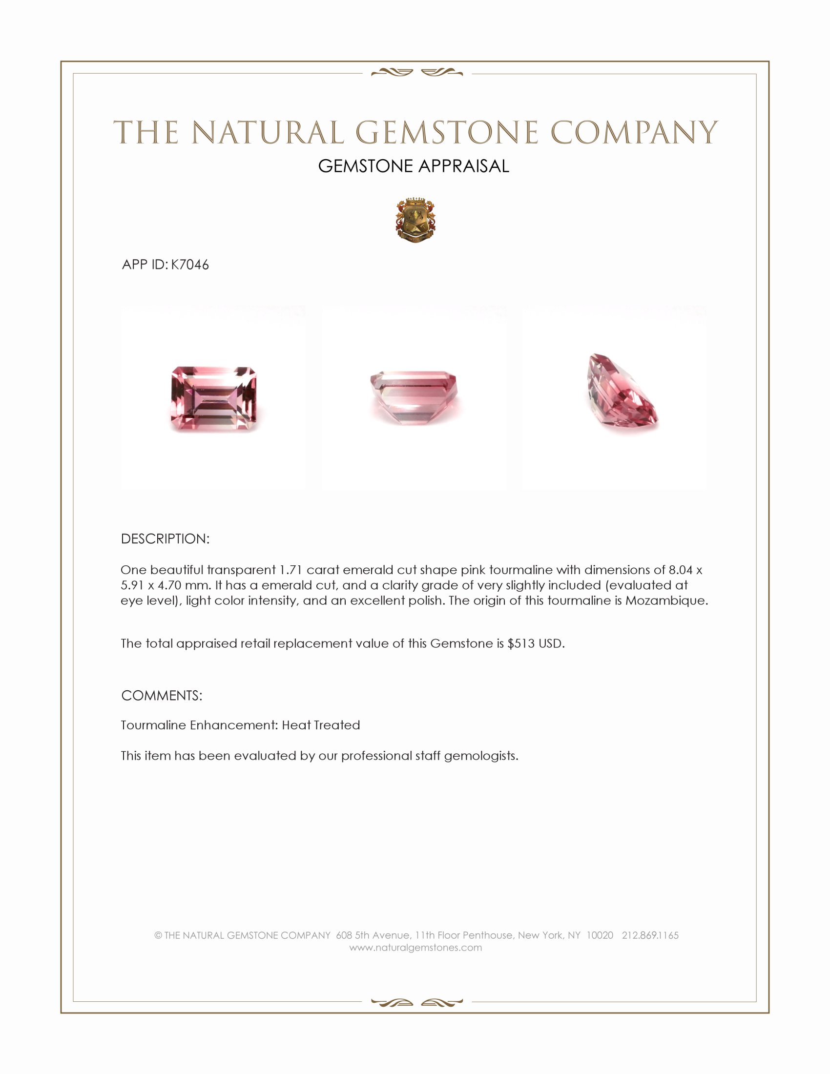 1.71 Ct. Pink Tourmaline from Mozambique